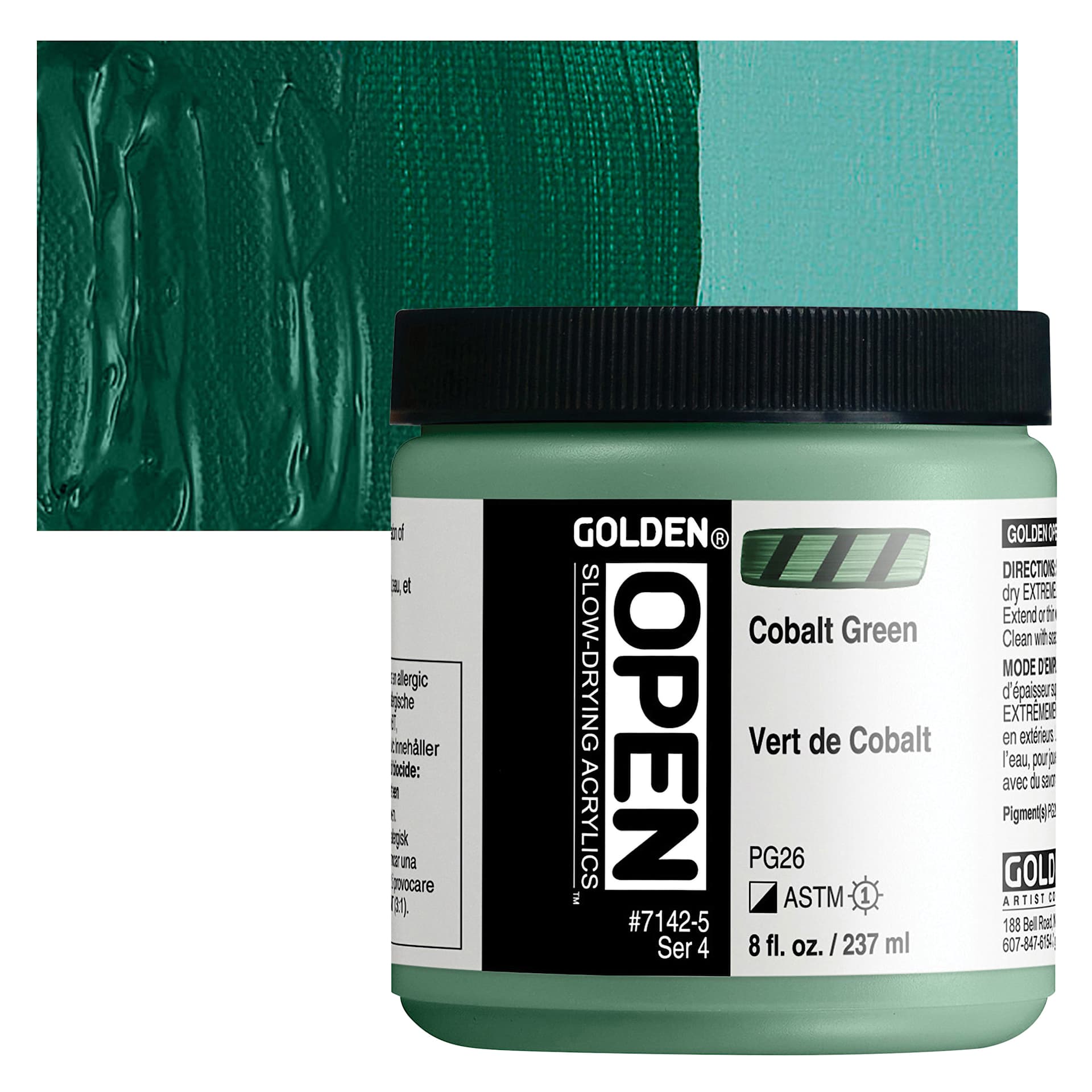 Golden Open Acrylic - Cobalt Green, 8 oz Jar and swatch