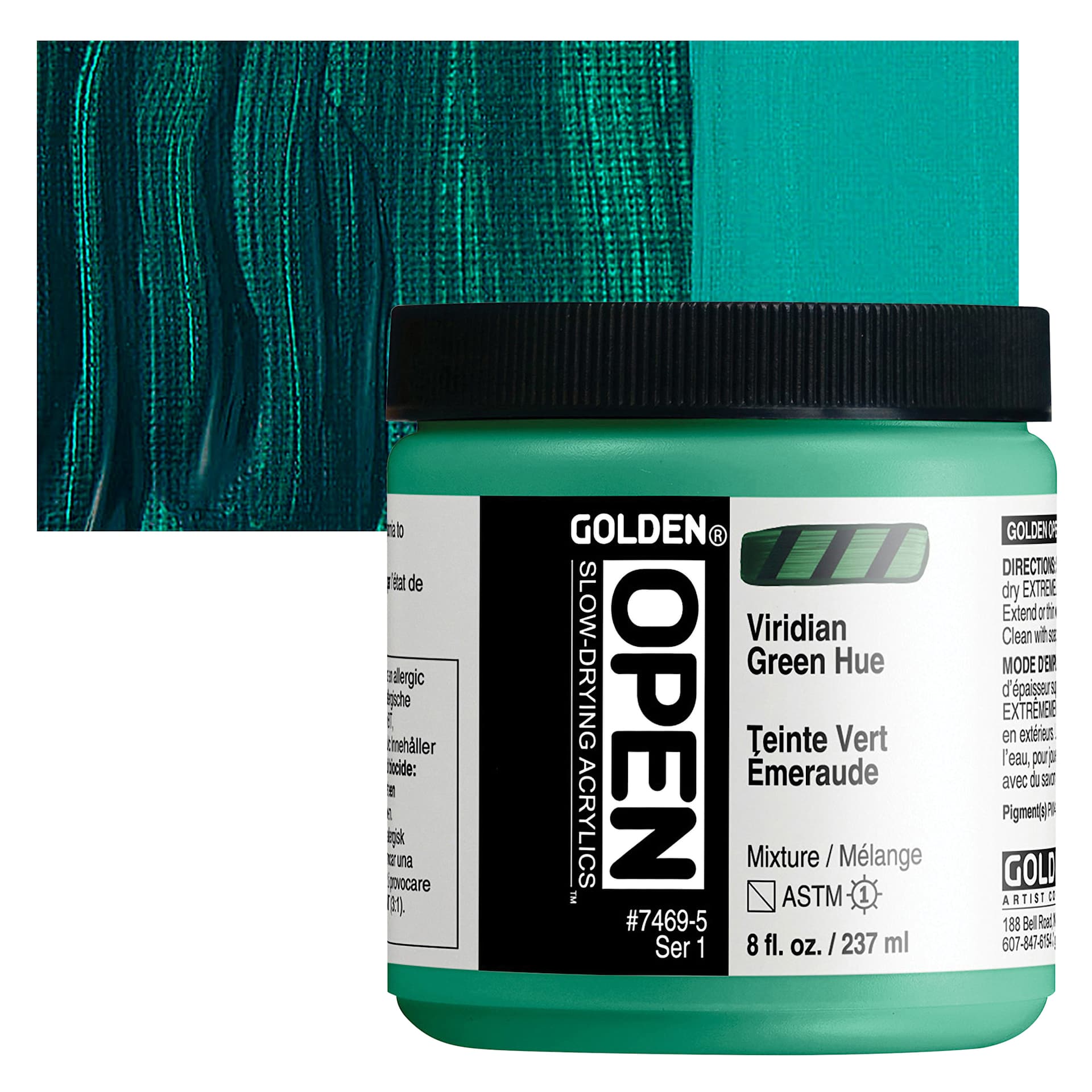 Golden Open Acrylic - Viridian Green Hue, 8 oz Jar and swatch