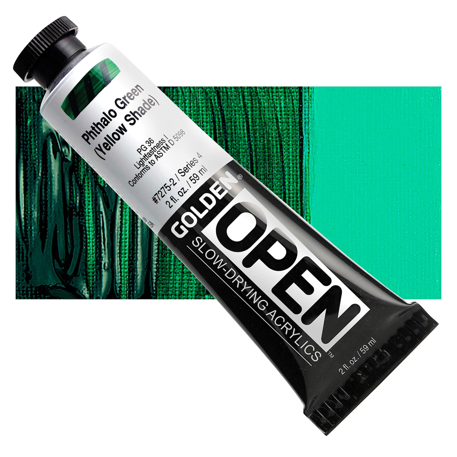 Golden Open Acrylic - Phthalo Green (Yellow Shade), 2 oz Tube and swatch