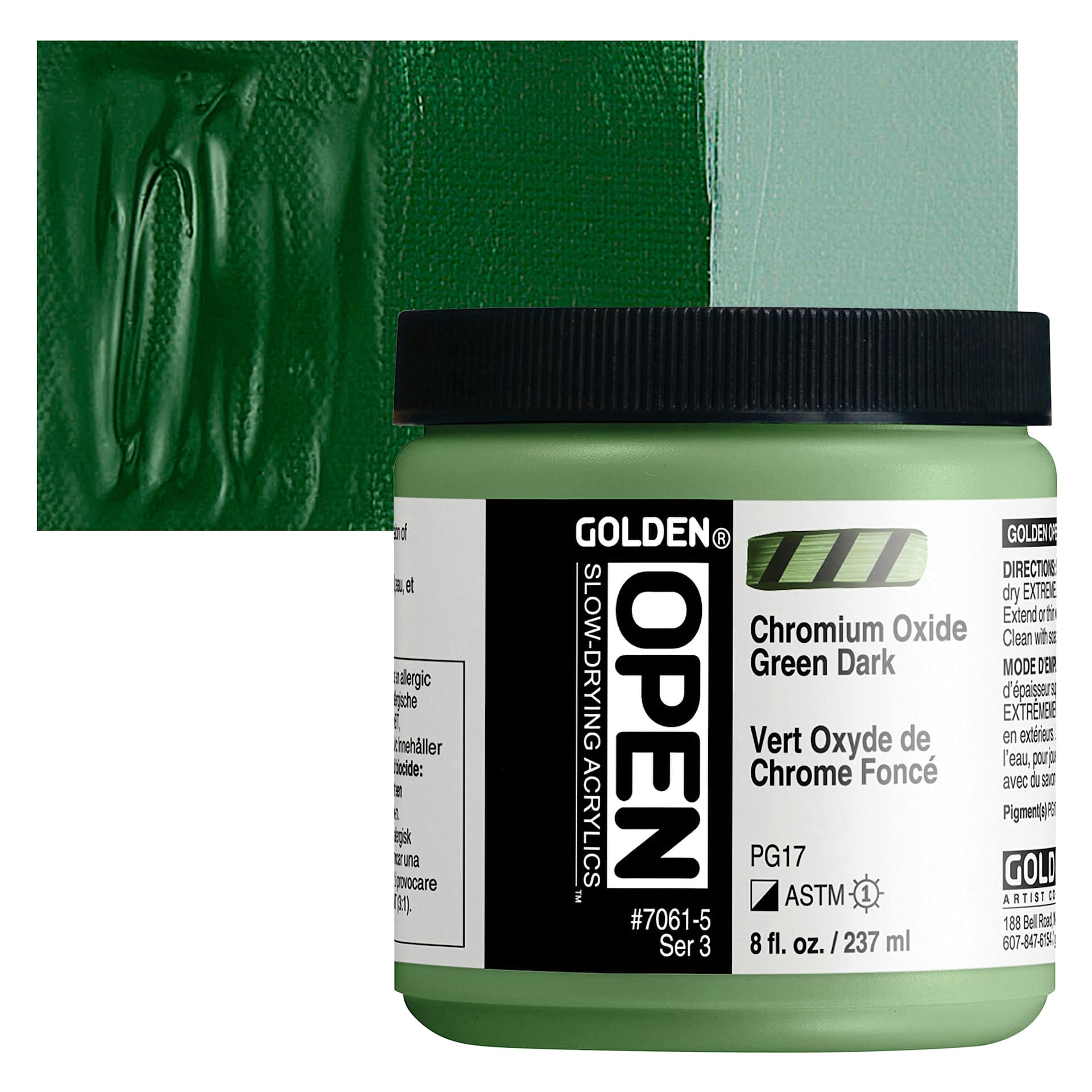 Golden Open Acrylic - Chromium Oxide Green Dark, 8 oz Jar and swatch