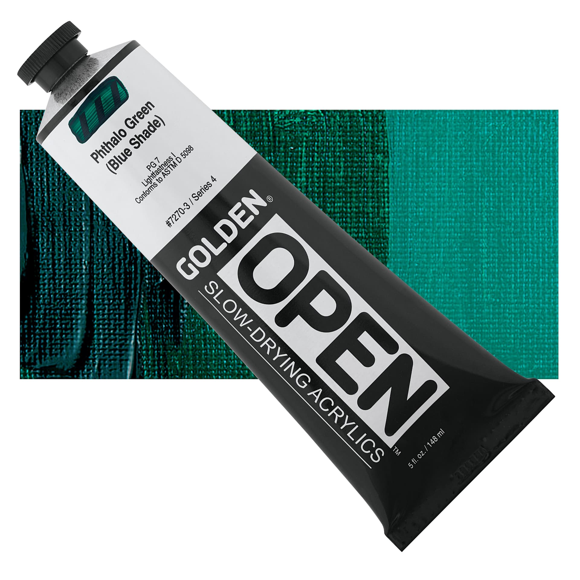 Golden Open Acrylic - Phthalo Green (Blue Shade), 5 oz Tube and swatch