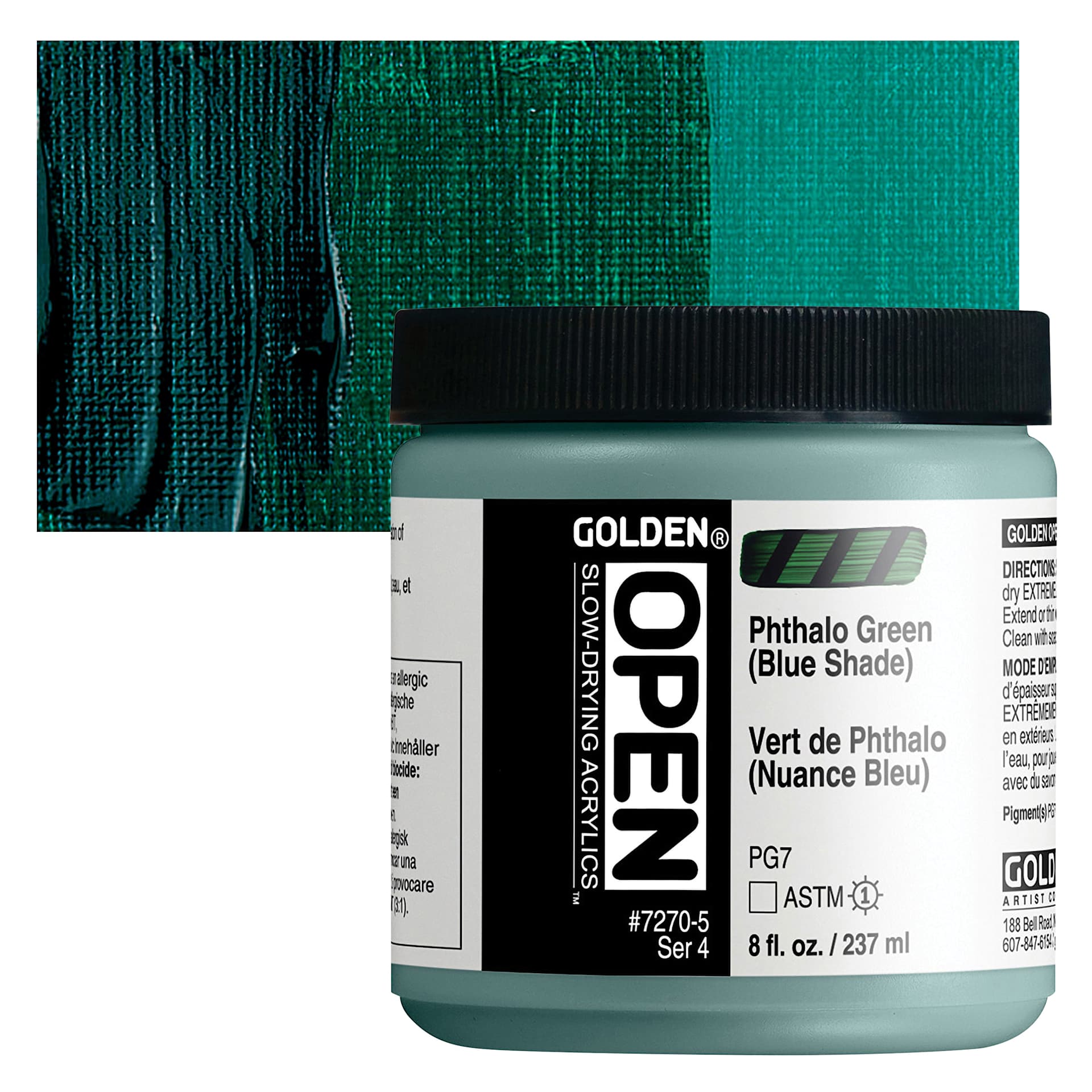 Golden Open Acrylic - Phthalo Green (Blue Shade), 8 oz Jar and swatch