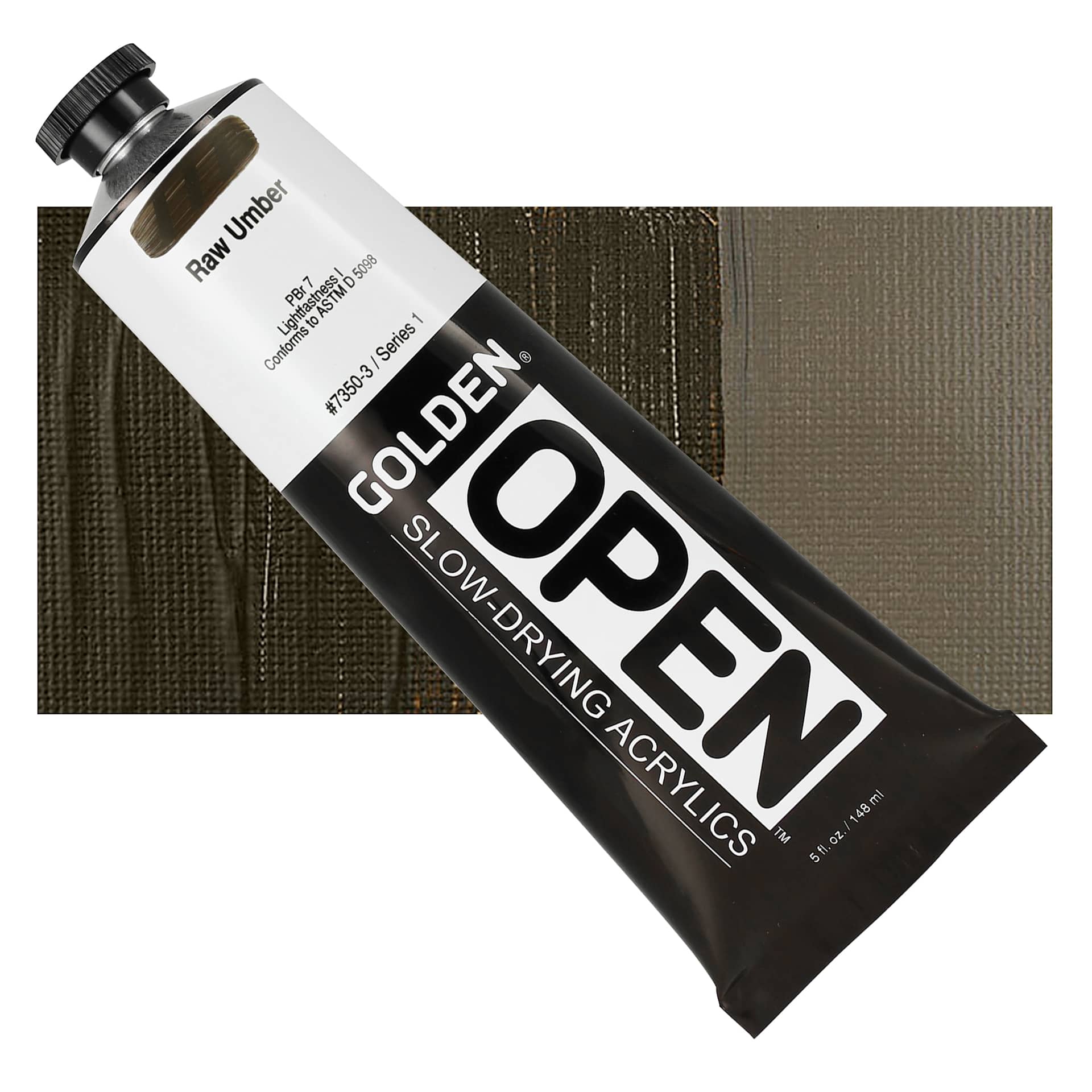 Golden Open Acrylic - Raw Umber, 5 oz Tube and swatch
