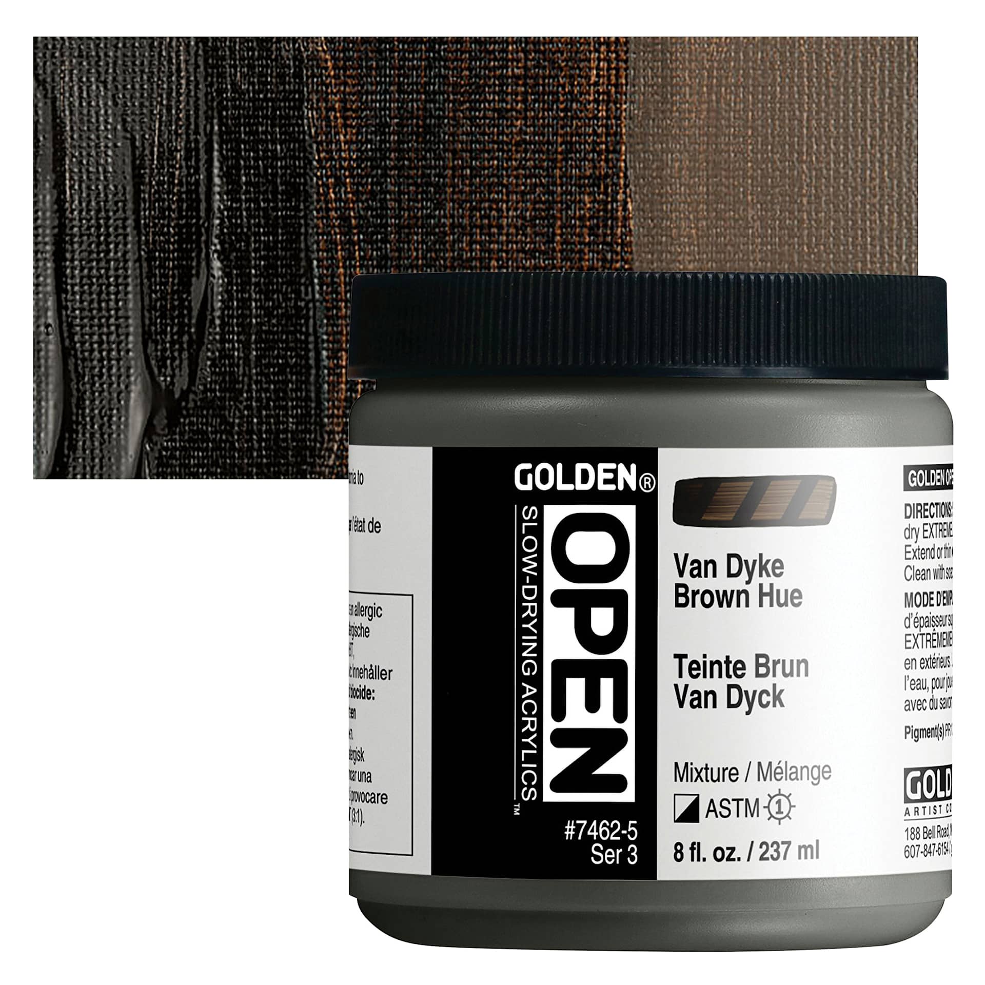 Golden Open Acrylic - VanDyke Brown Hue, 8 oz Jar and swatch