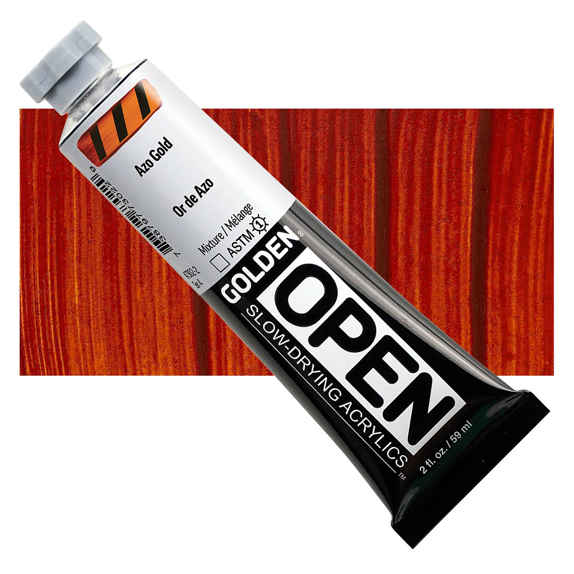 Golden Open Acrylics - Azo Gold, 2 oz Tube and swatch