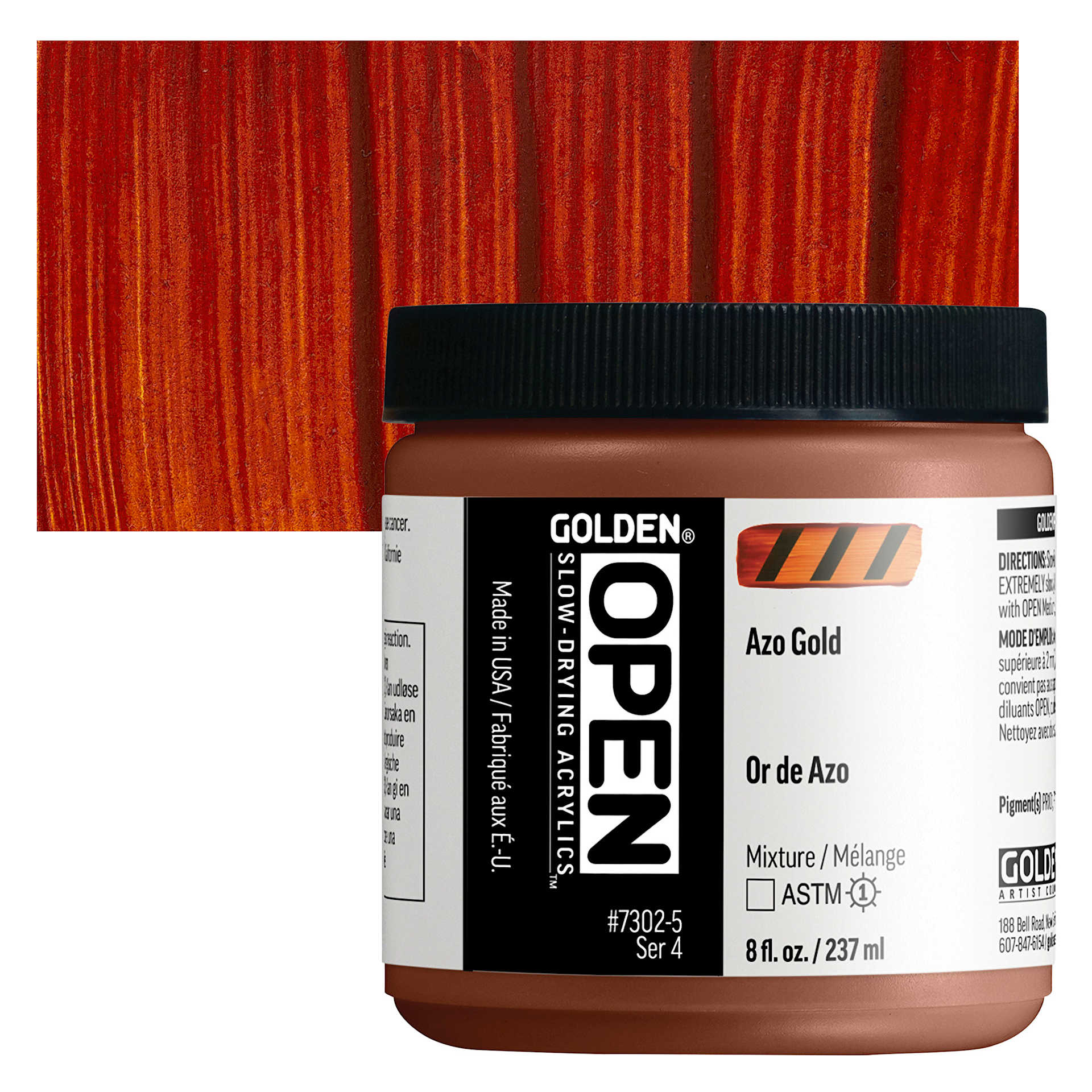 Golden Open Acrylics - Azo Gold, 8 oz Jar and swatch
