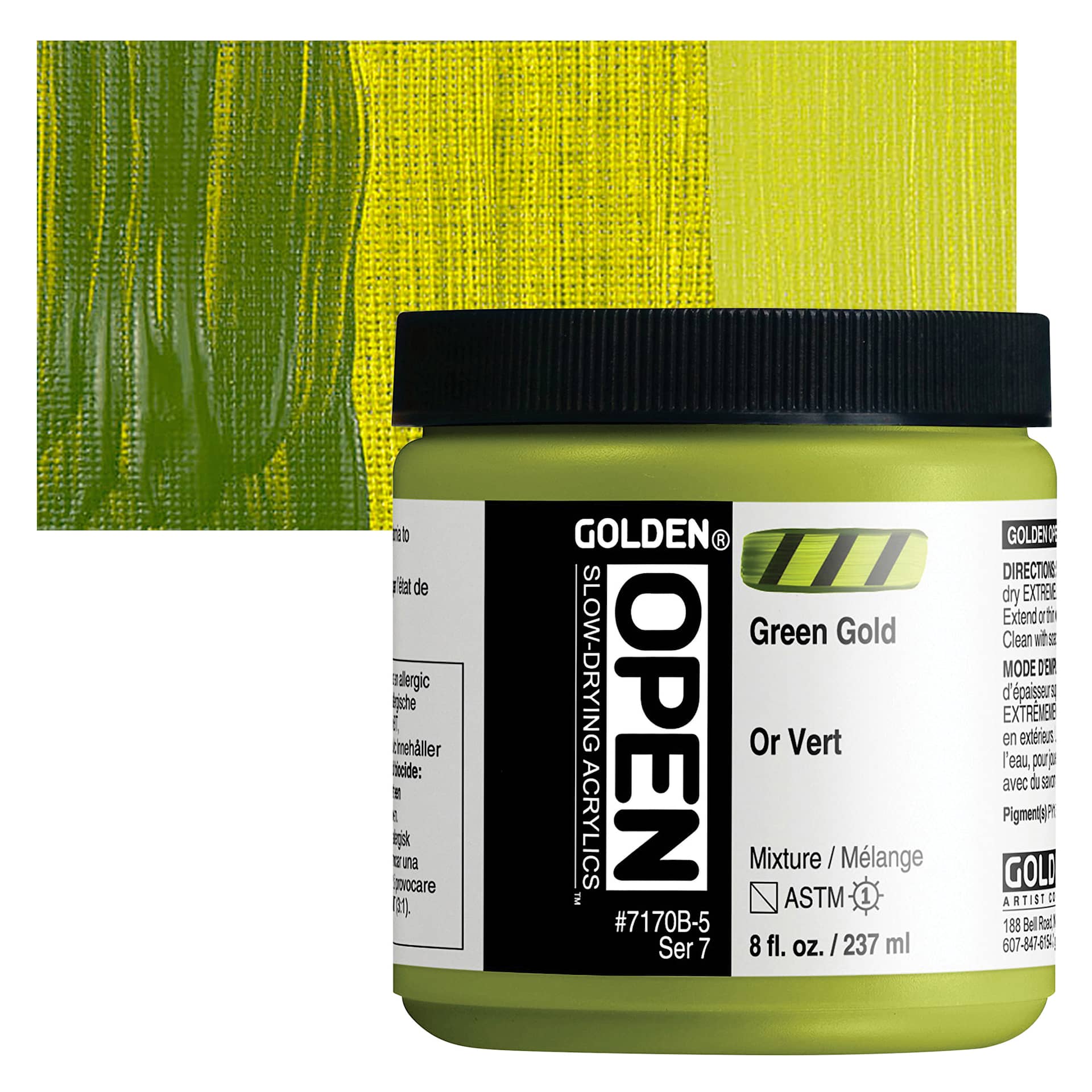 Golden Open Acrylic - Green Gold, 8 oz Jar and swatch