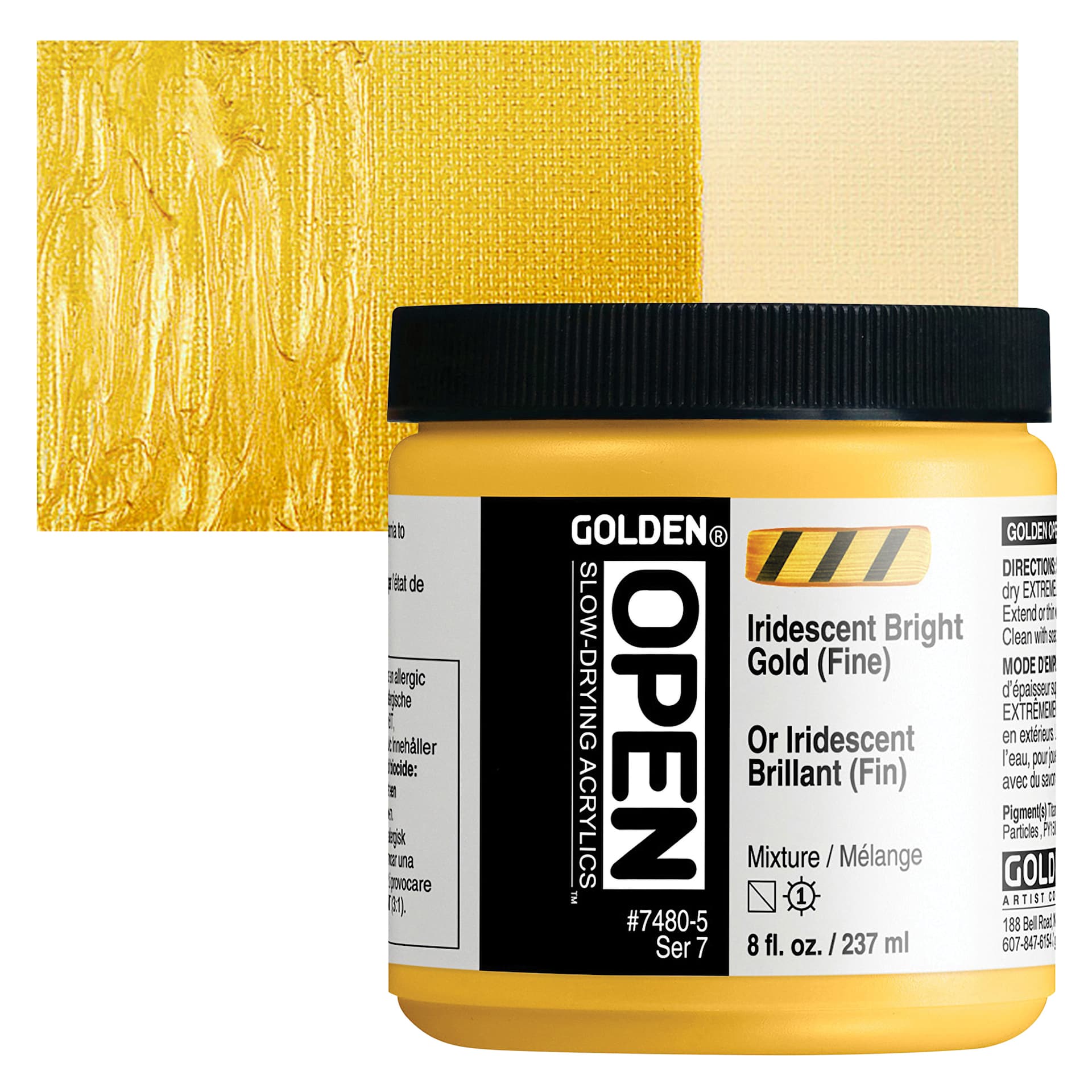 Golden Open Acrylic - Iridescent Bright Gold (Fine), 8 oz Jar and swatch