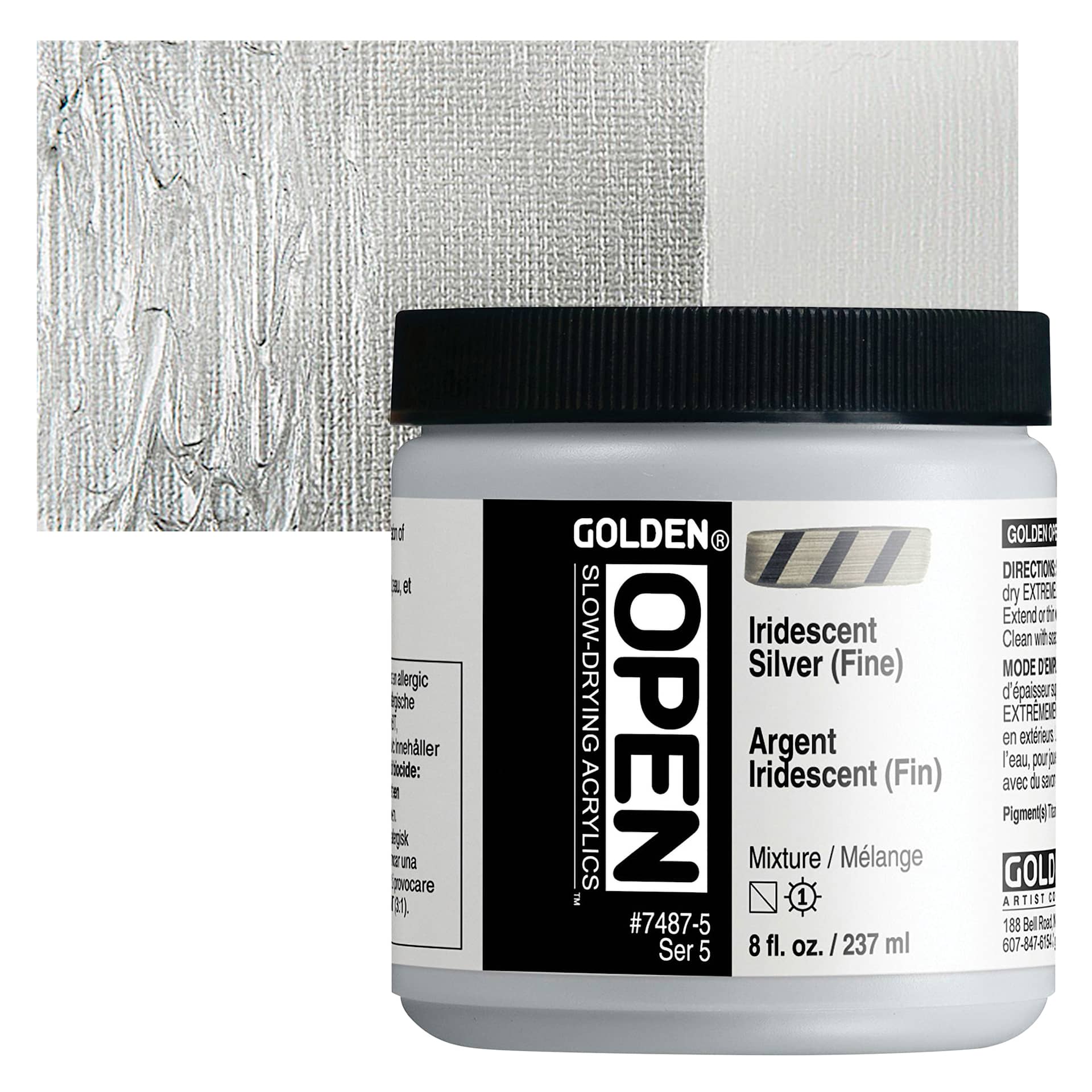 Golden Open Acrylic - Iridescent Silver (Fine), 8 oz Jar and swatch