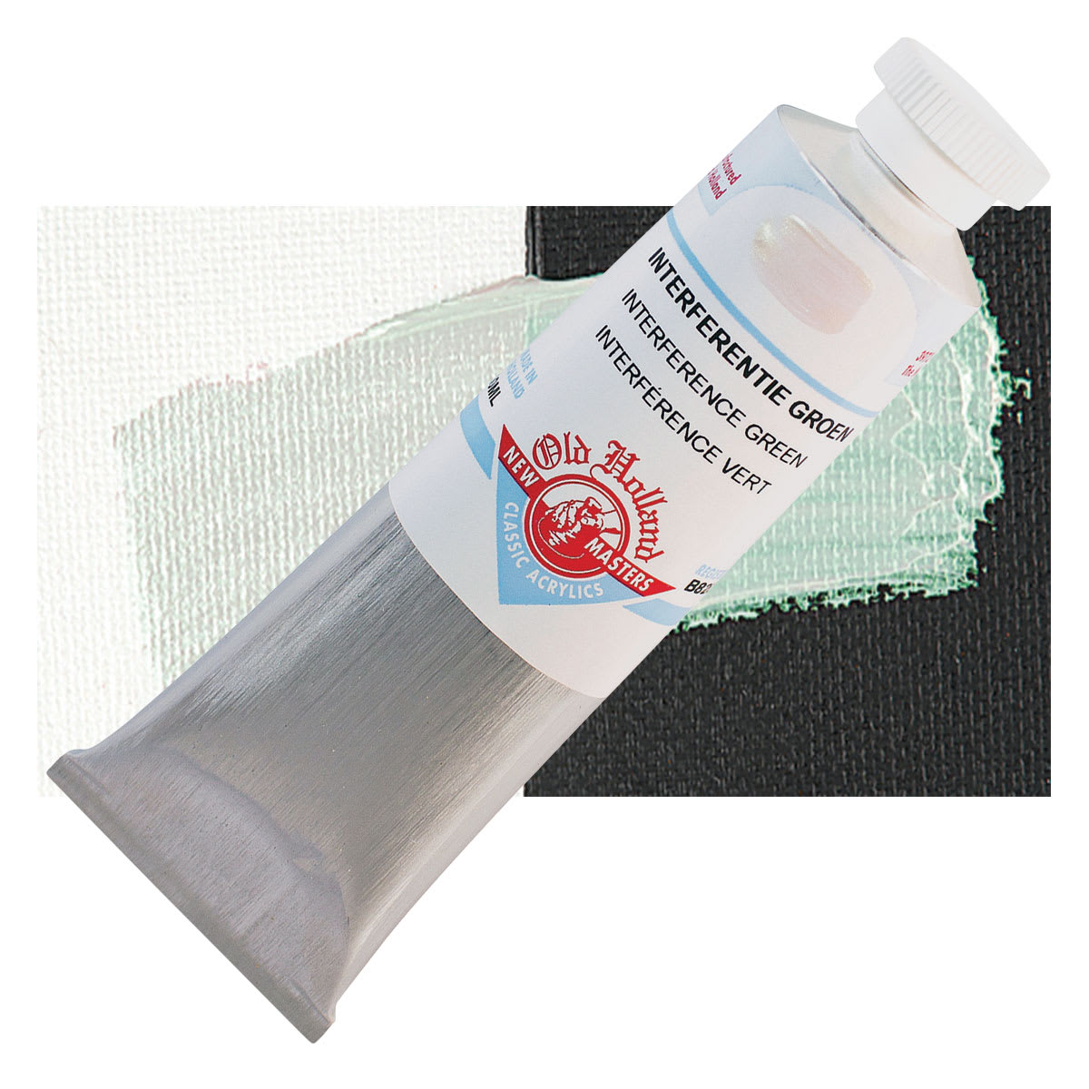 Old Holland New Masters Classic Acrylic Paint - Interferance Green, 60 ml tube and swatch
