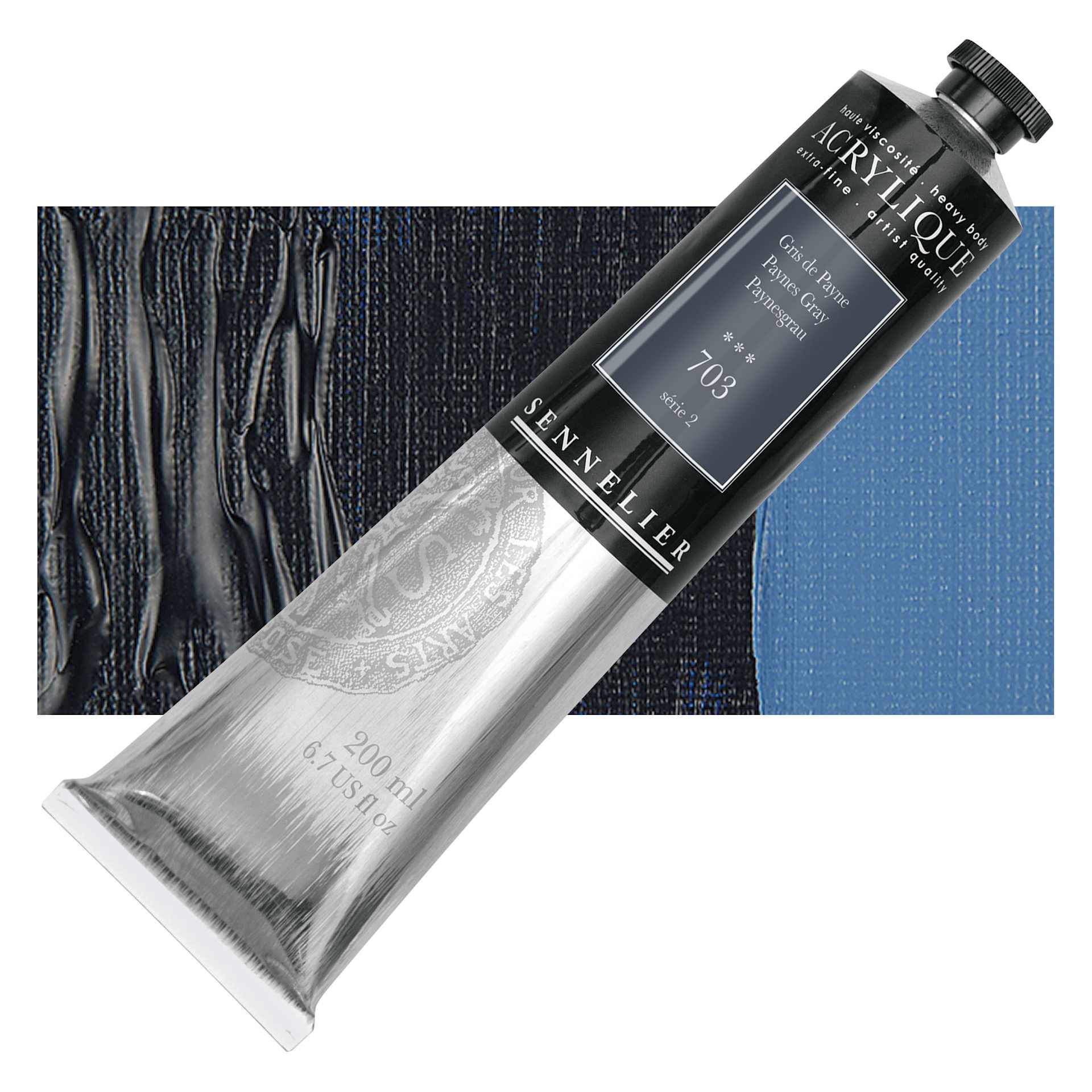 Sennelier Extra-Fine Artist Acrylique - Paynes Gray, 200 ml tube and swatch