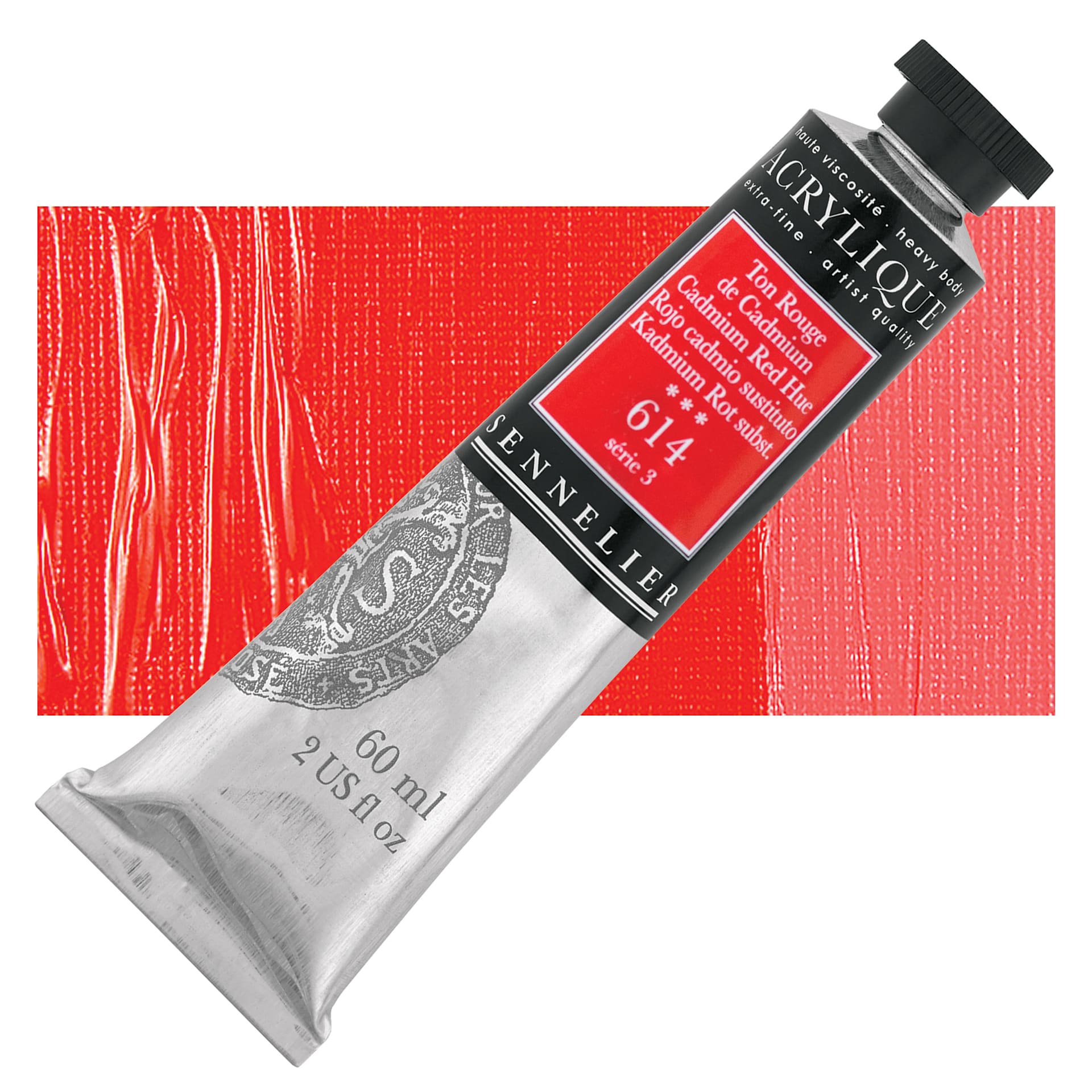 Sennelier Extra-Fine Artist Acrylique - Cadmium Red Hue, 60 ml tube and swatch