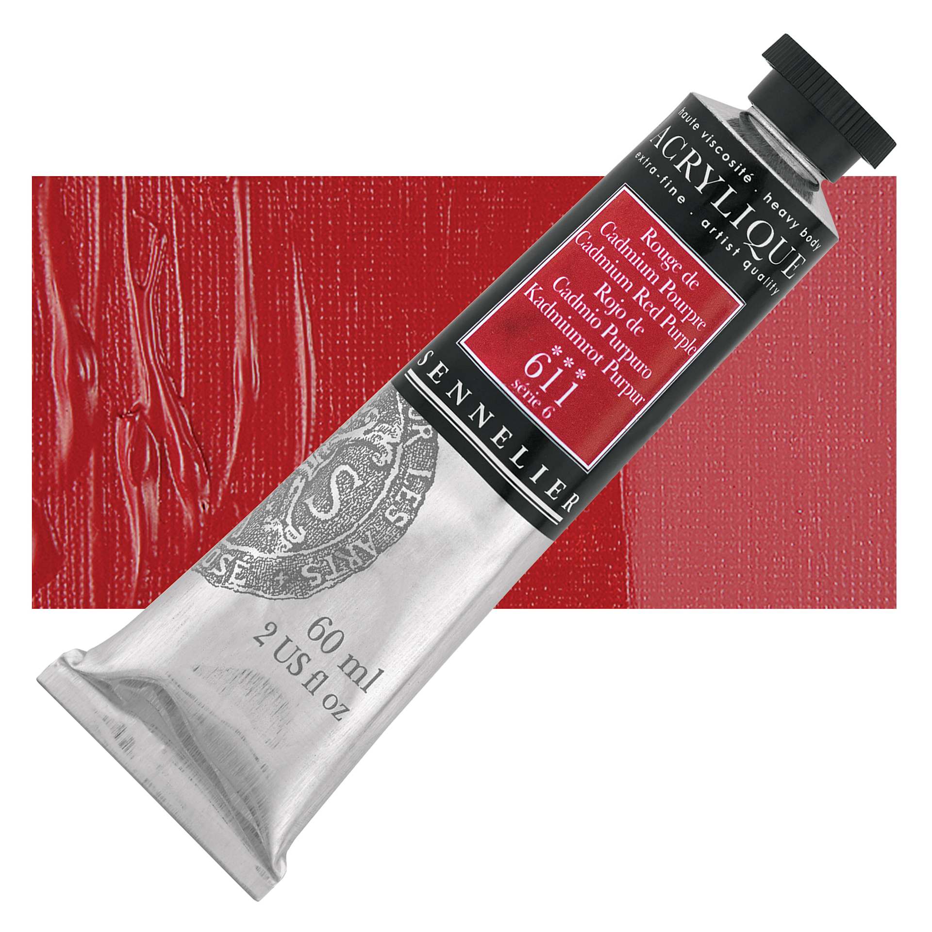 Sennelier Extra-Fine Artist Acrylique - Cadmium Red Purple, 60 ml tube and swatch