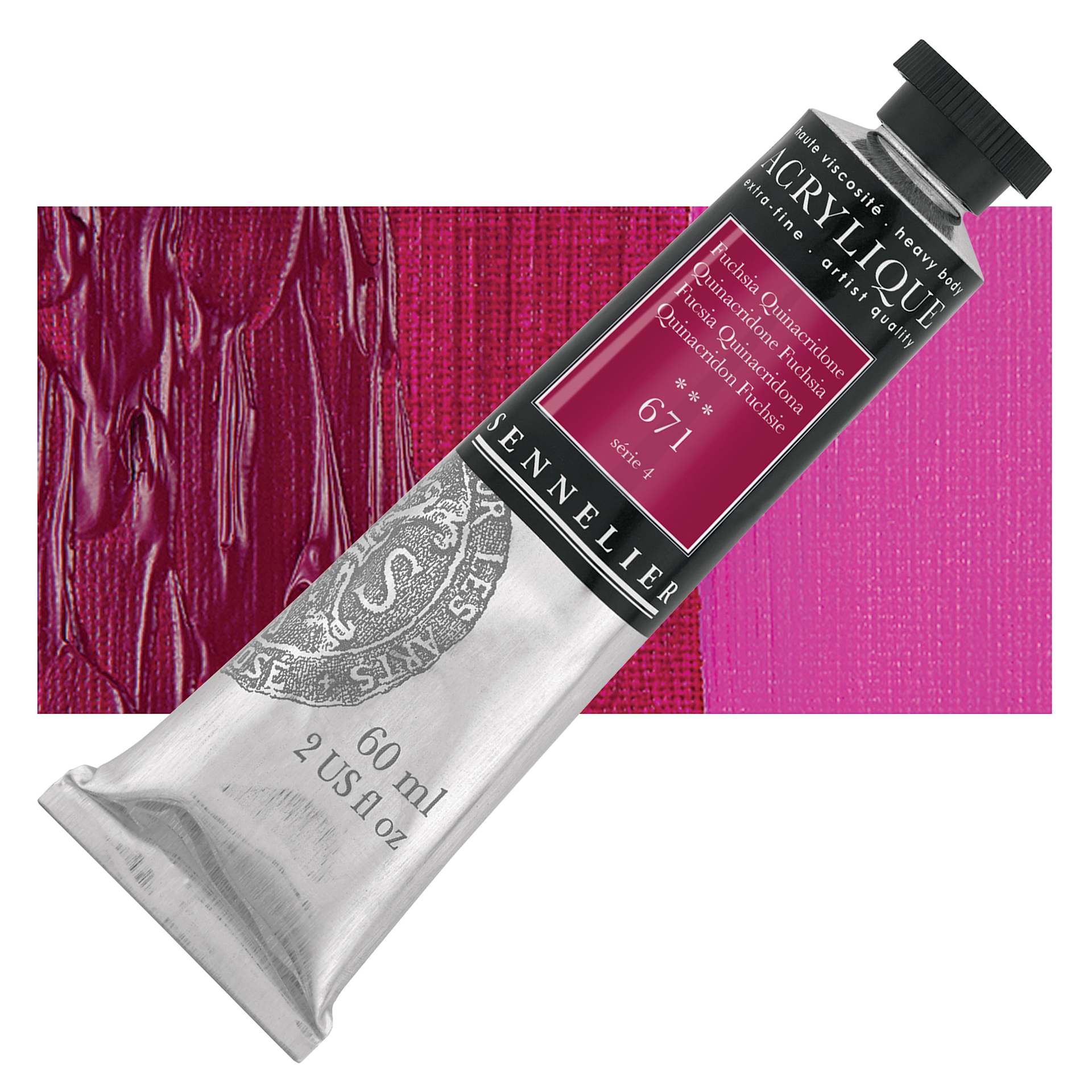 Sennelier Extra-Fine Artist Acrylique - Quinacridone Fuschia, 60 ml tube and swatch