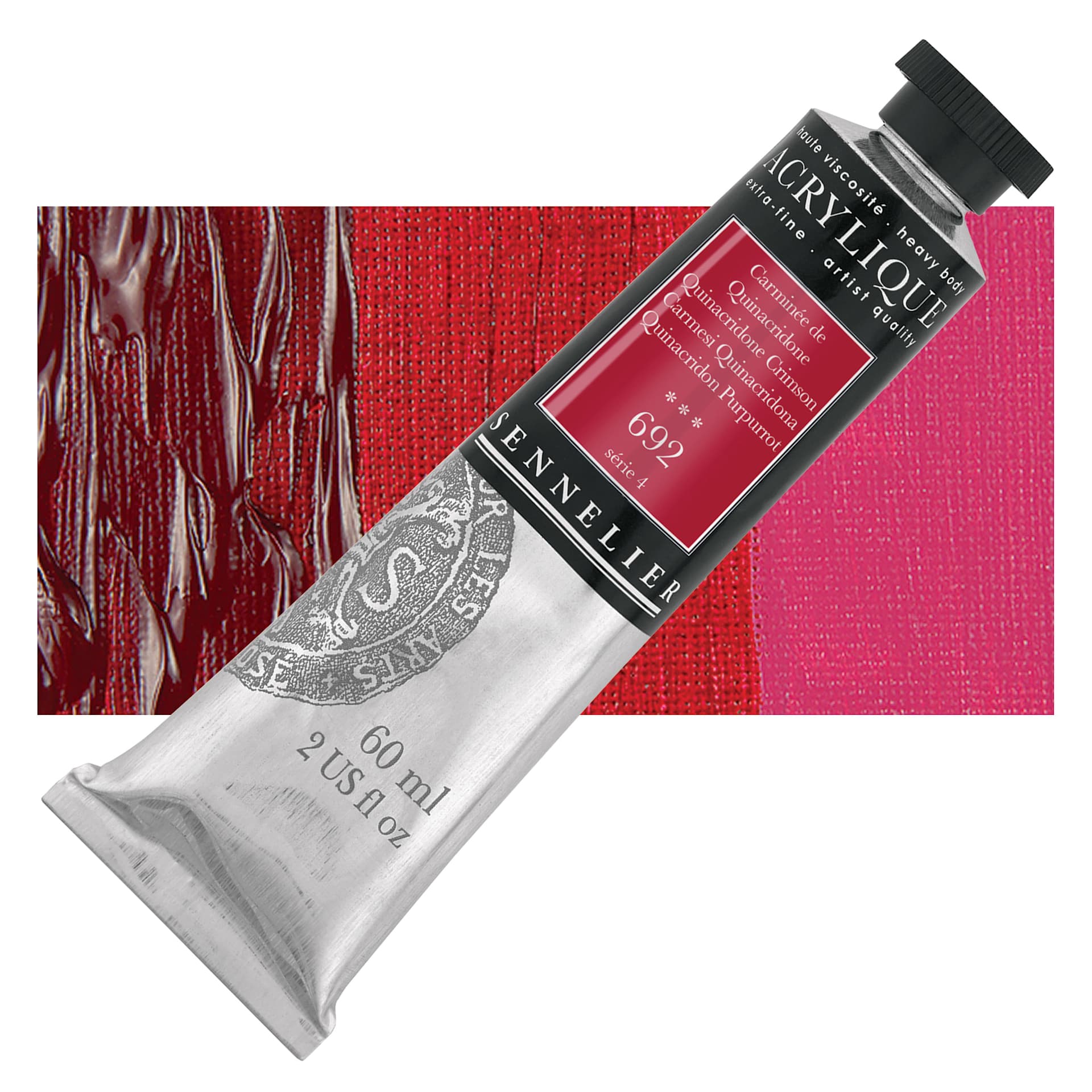 Sennelier Extra-Fine Artist Acrylique - Quinacridone Crimson, 60 ml tube and swatch