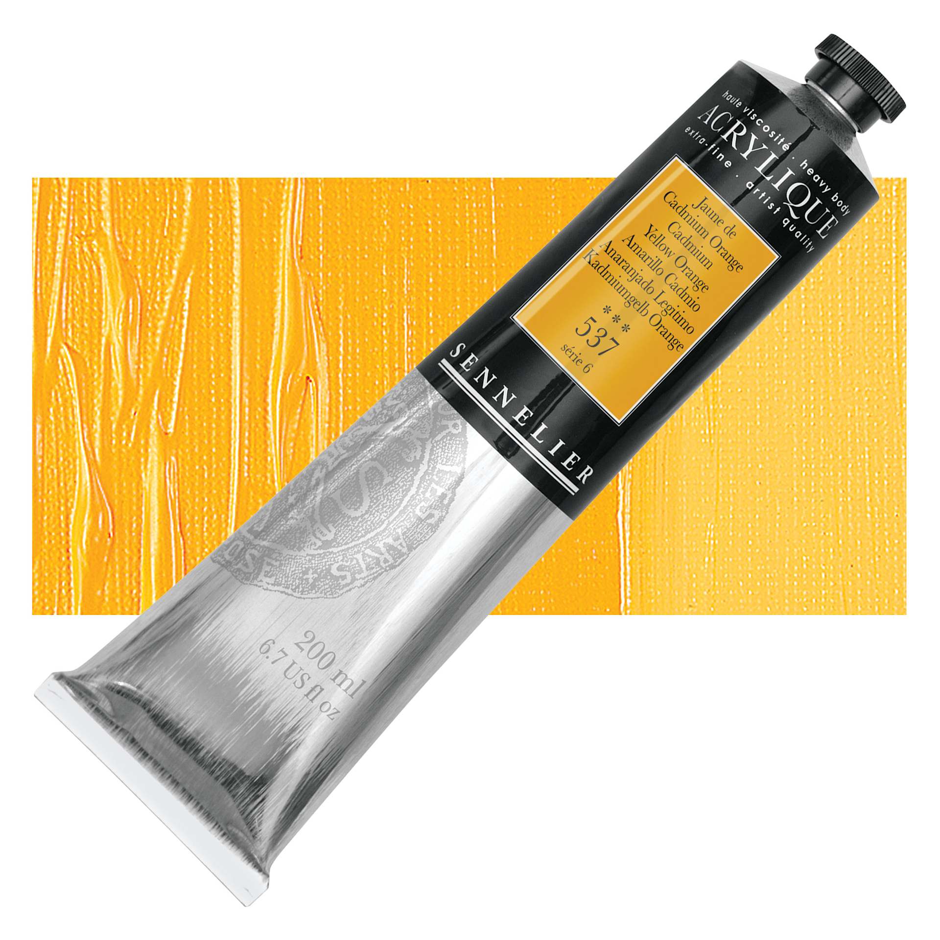Sennelier Extra-Fine Artist Acrylique - Cadmium Yellow Orange, 200 ml tube and swatch