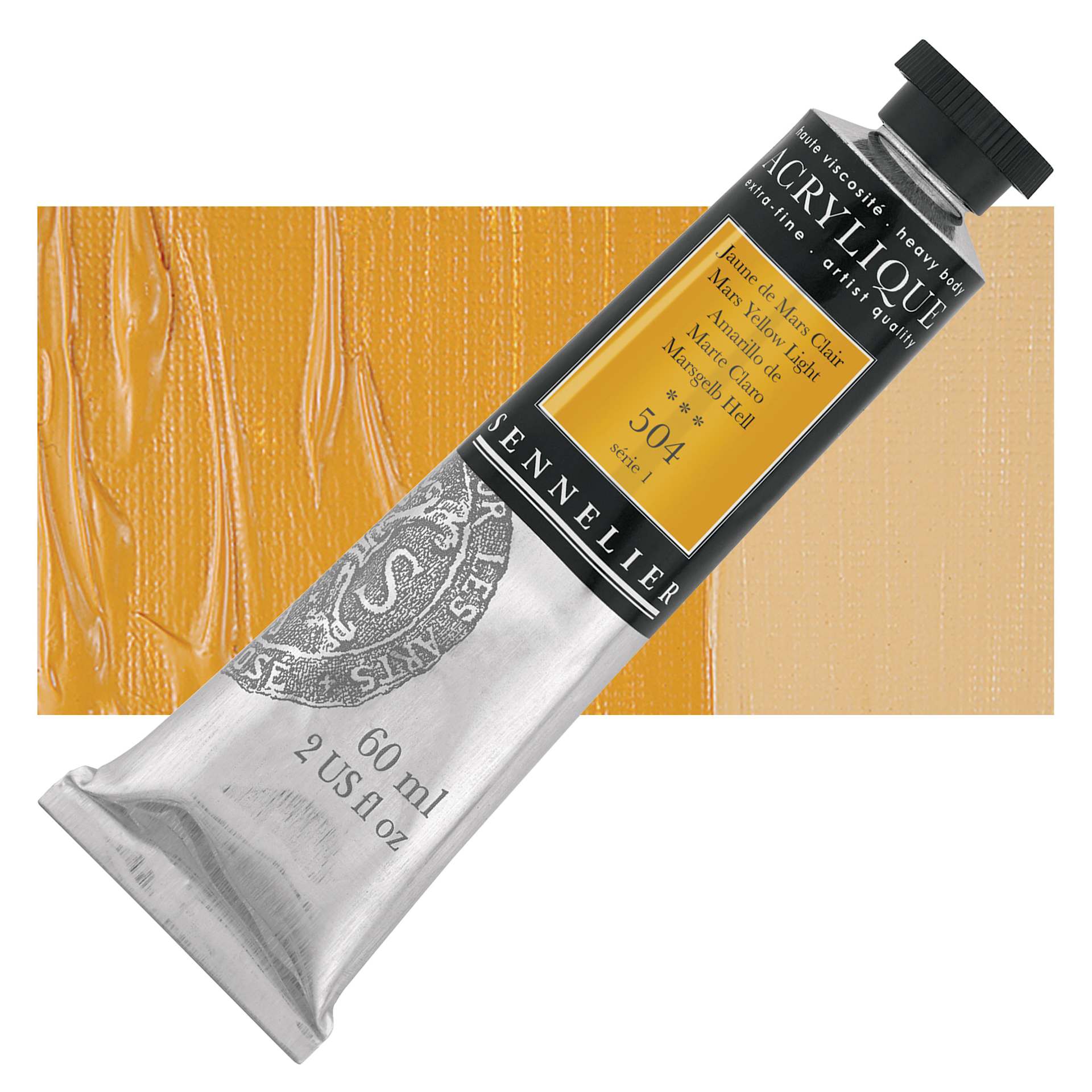 Sennelier Extra-Fine Artist Acrylique - Mars Yellow Light, 60 ml tube and swatch