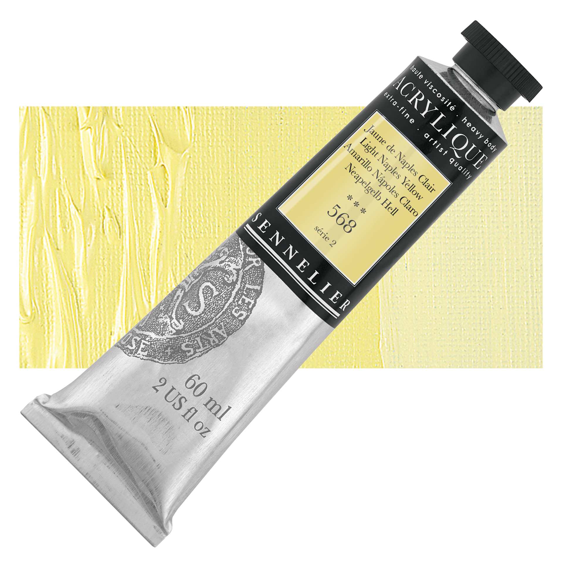 Sennelier Extra-Fine Artist Acrylique - Light Naples Yellow, 60 ml tube and swatch