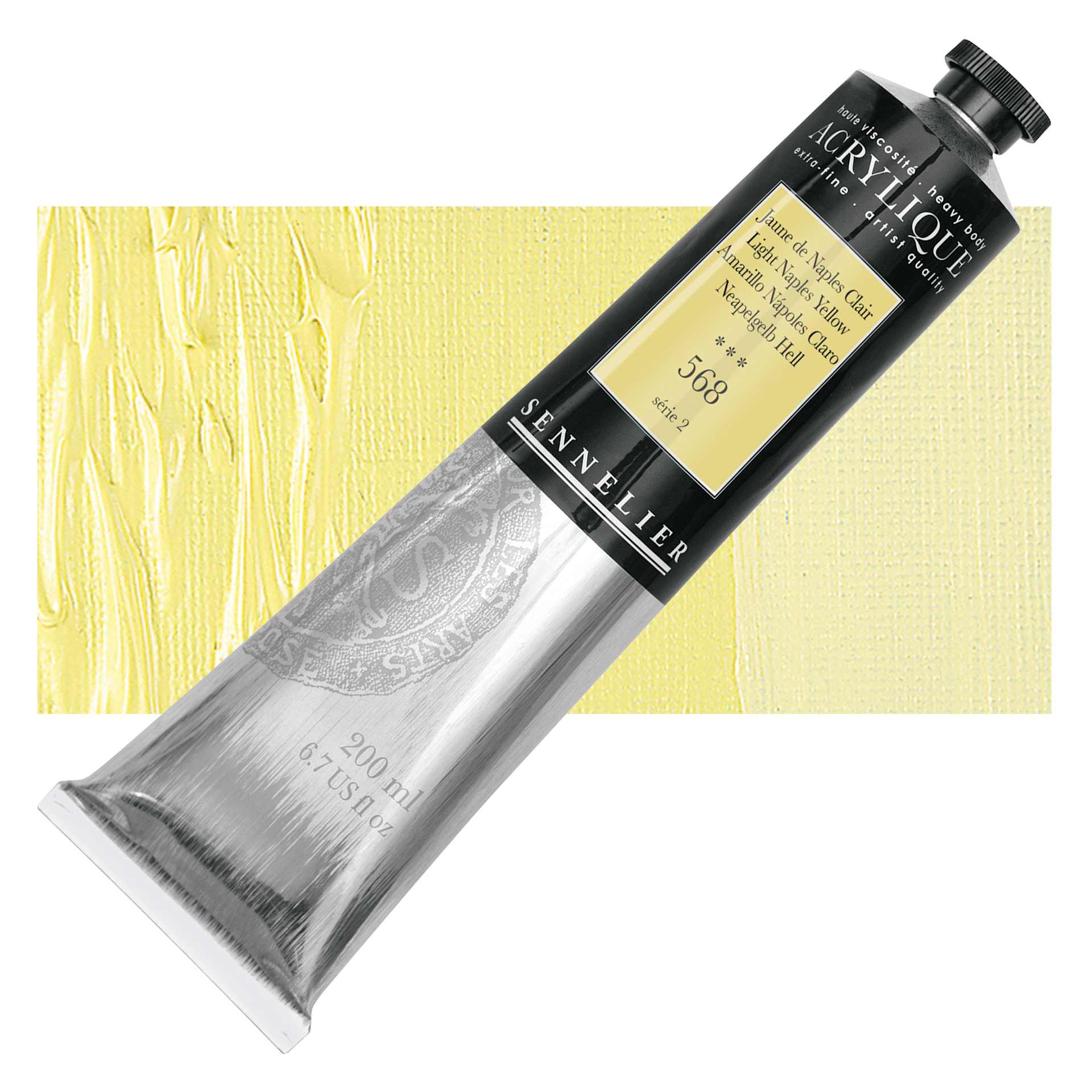 Sennelier Extra-Fine Artist Acrylique - Light Naples Yellow, 200 ml tube and swatch