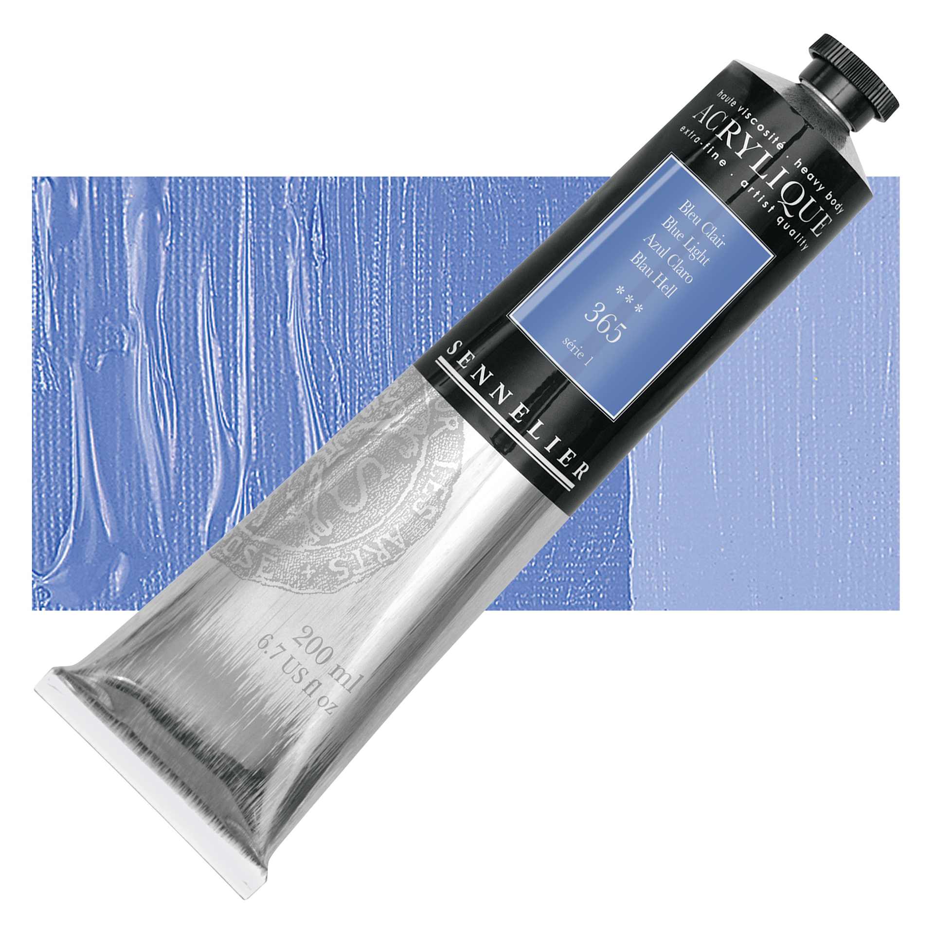 Sennelier Extra-Fine Artist Acrylique - Blue Light, 200 ml tube and swatch