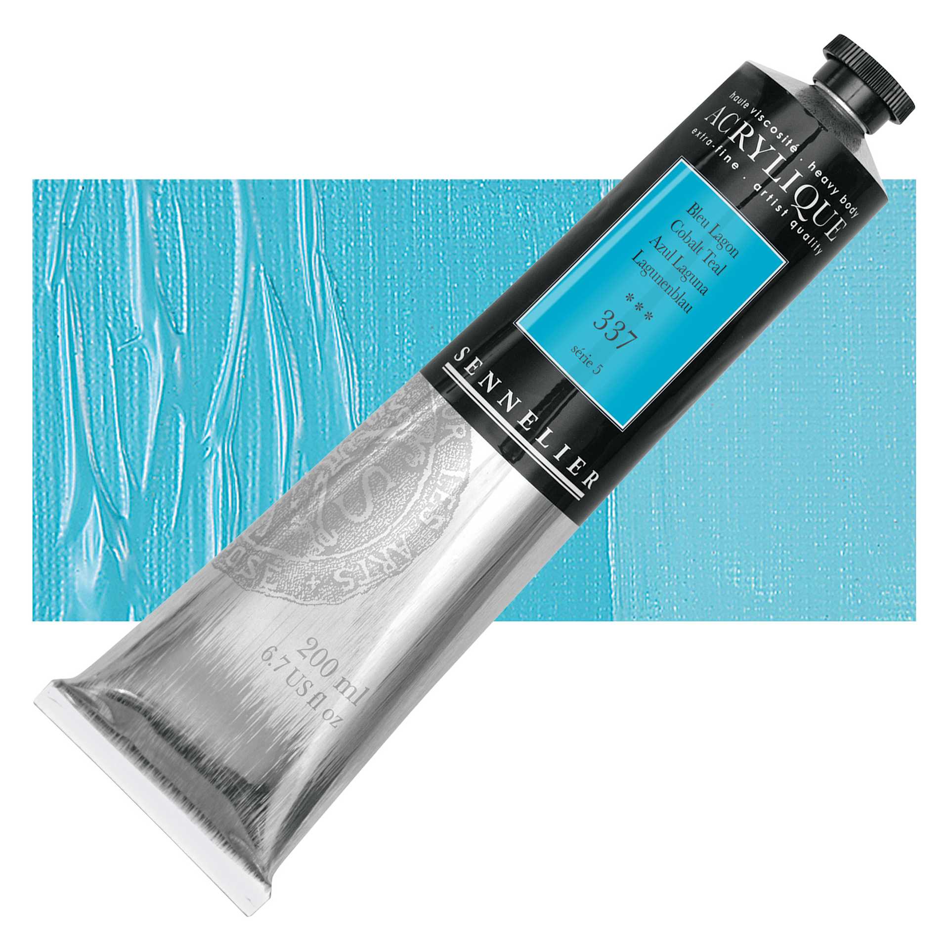Sennelier Extra-Fine Artist Acrylique - Cobalt Teal, 200 ml tube and swatch