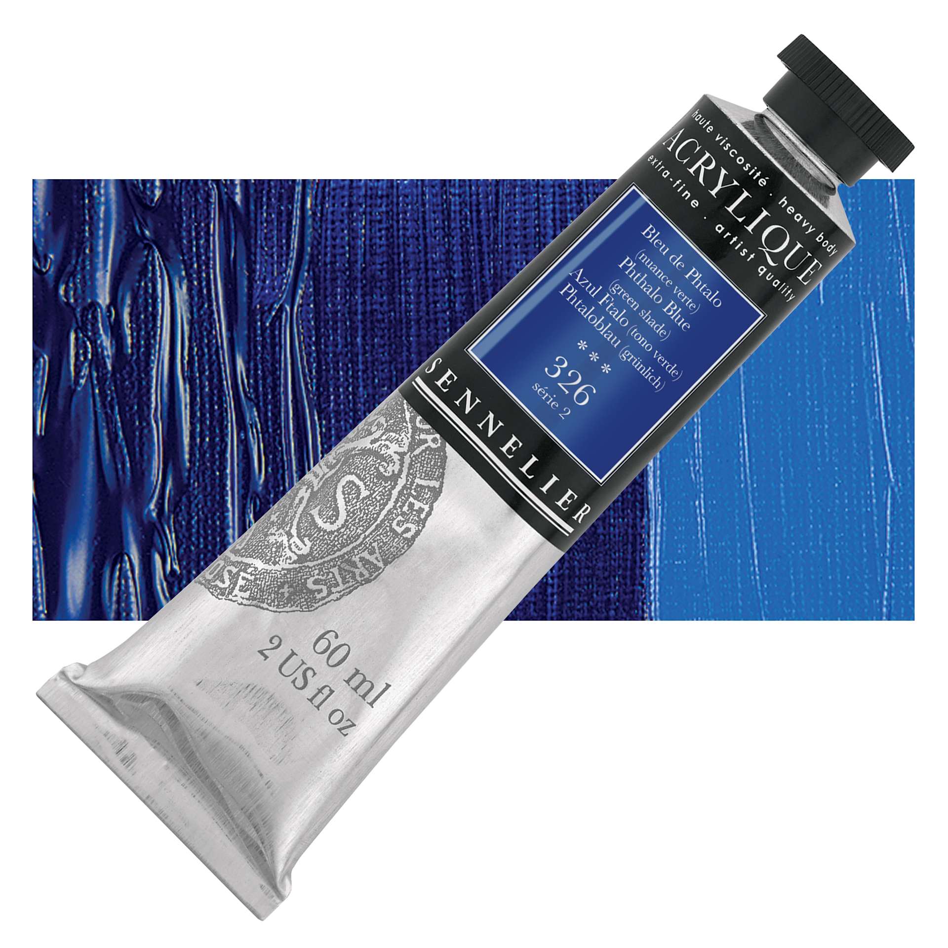Sennelier Extra-Fine Artist Acrylique - Phthalo Blue (Green Shade), 60 ml tube and swatch