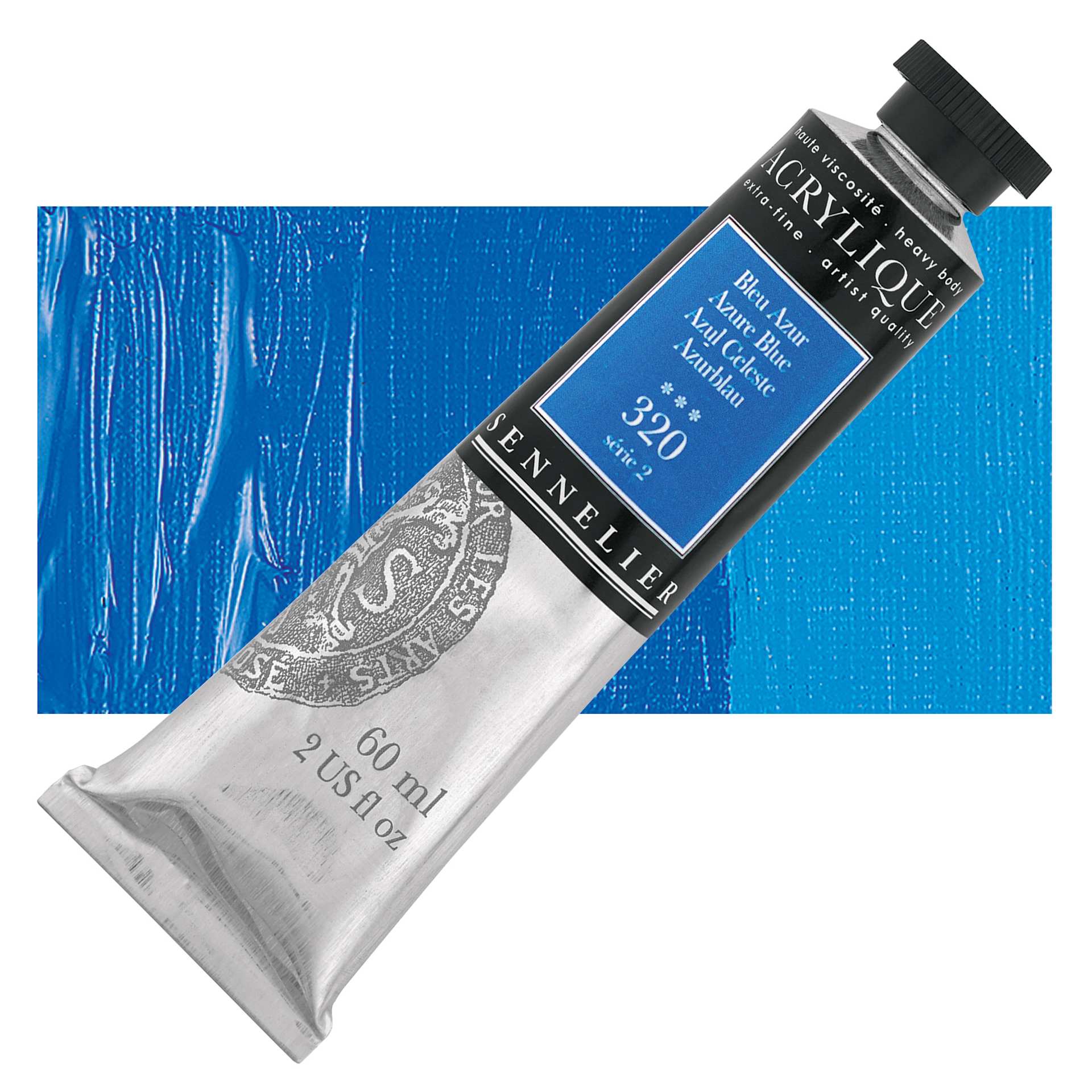 Sennelier Extra-Fine Artist Acrylique - Azure Blue, 60 ml tube and swatch
