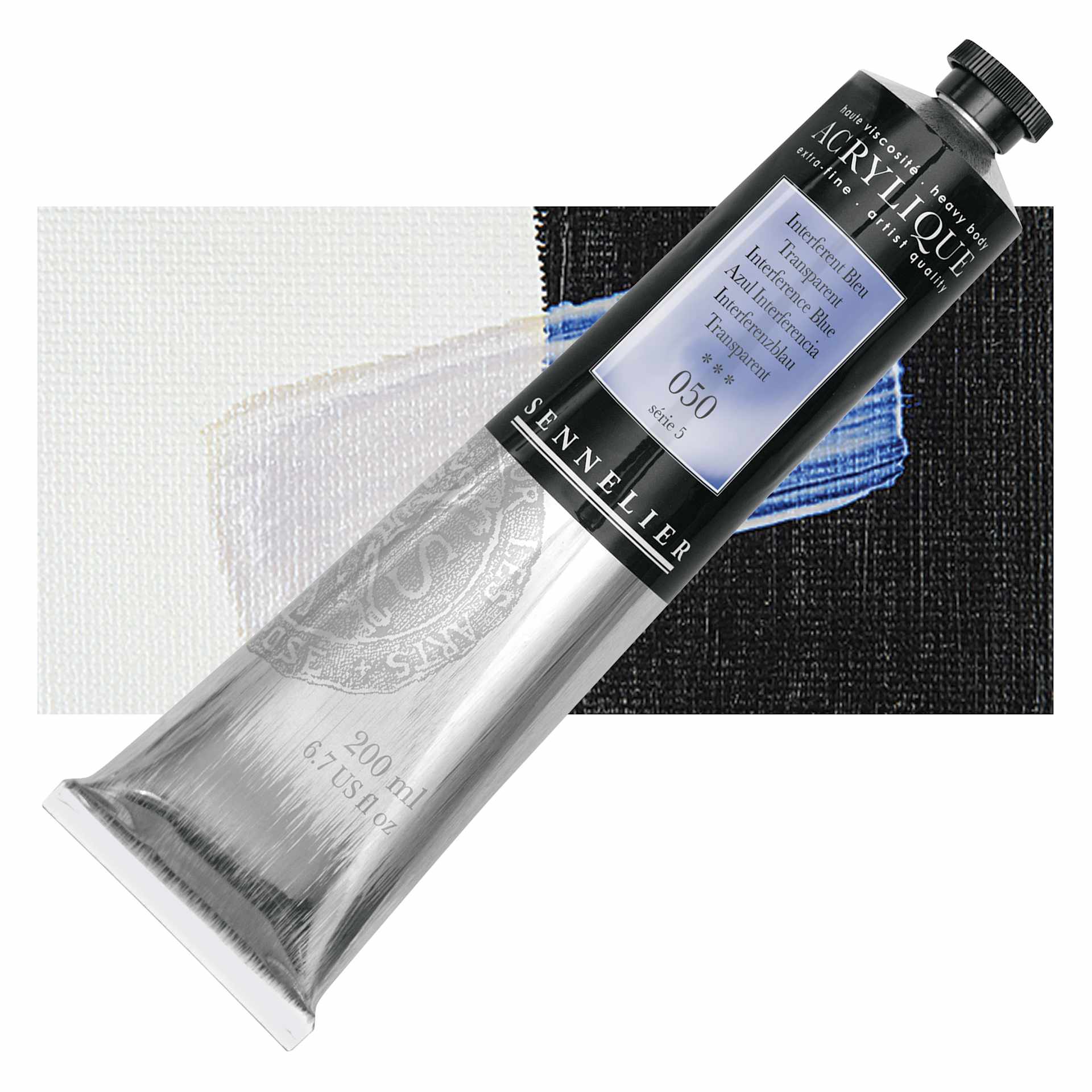 Sennelier Extra-Fine Artist Acrylique - Interference Blue, 200 ml tube and swatch