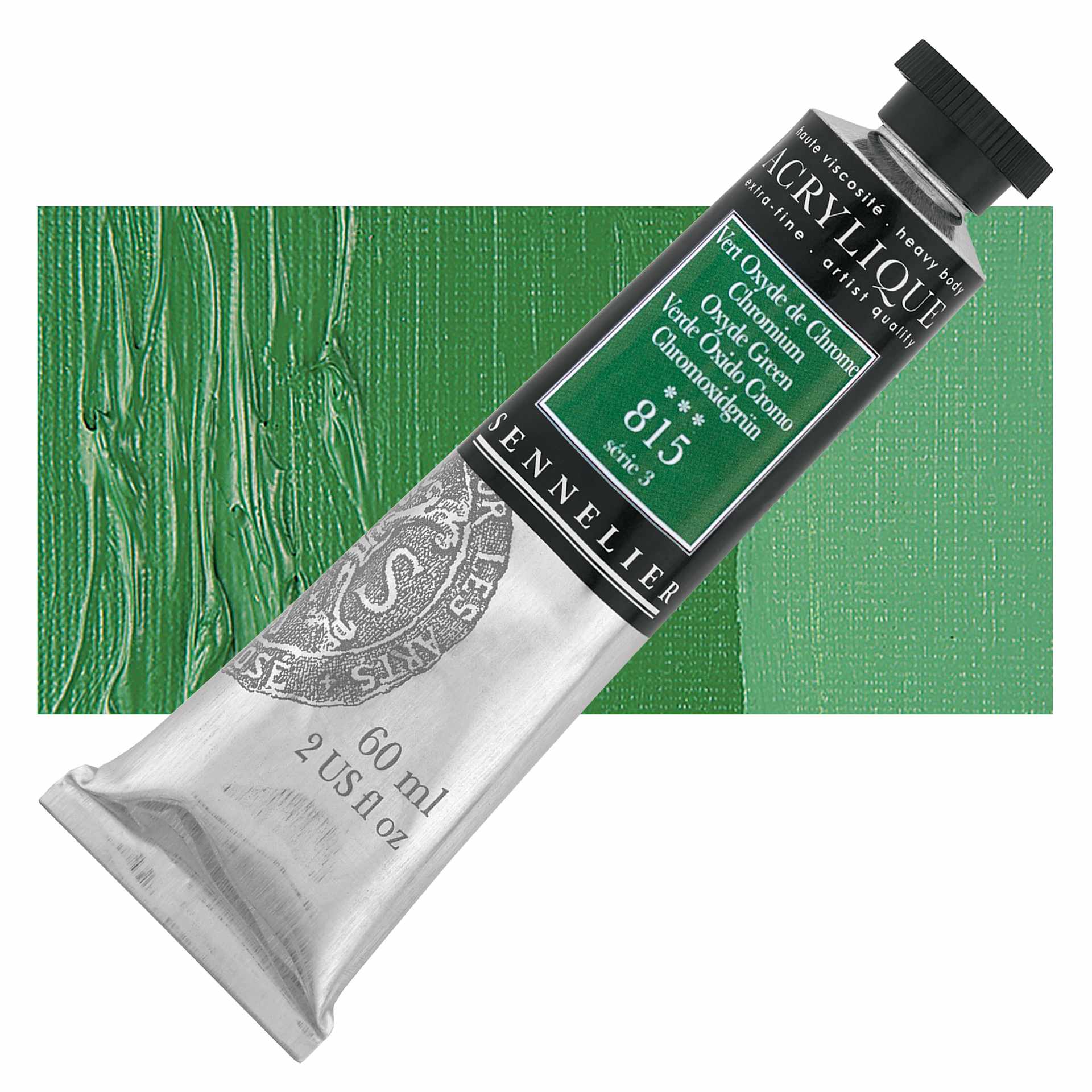 Sennelier Extra-Fine Artist Acrylique - Chromium Oxyde Green, 60 ml tube and swatch