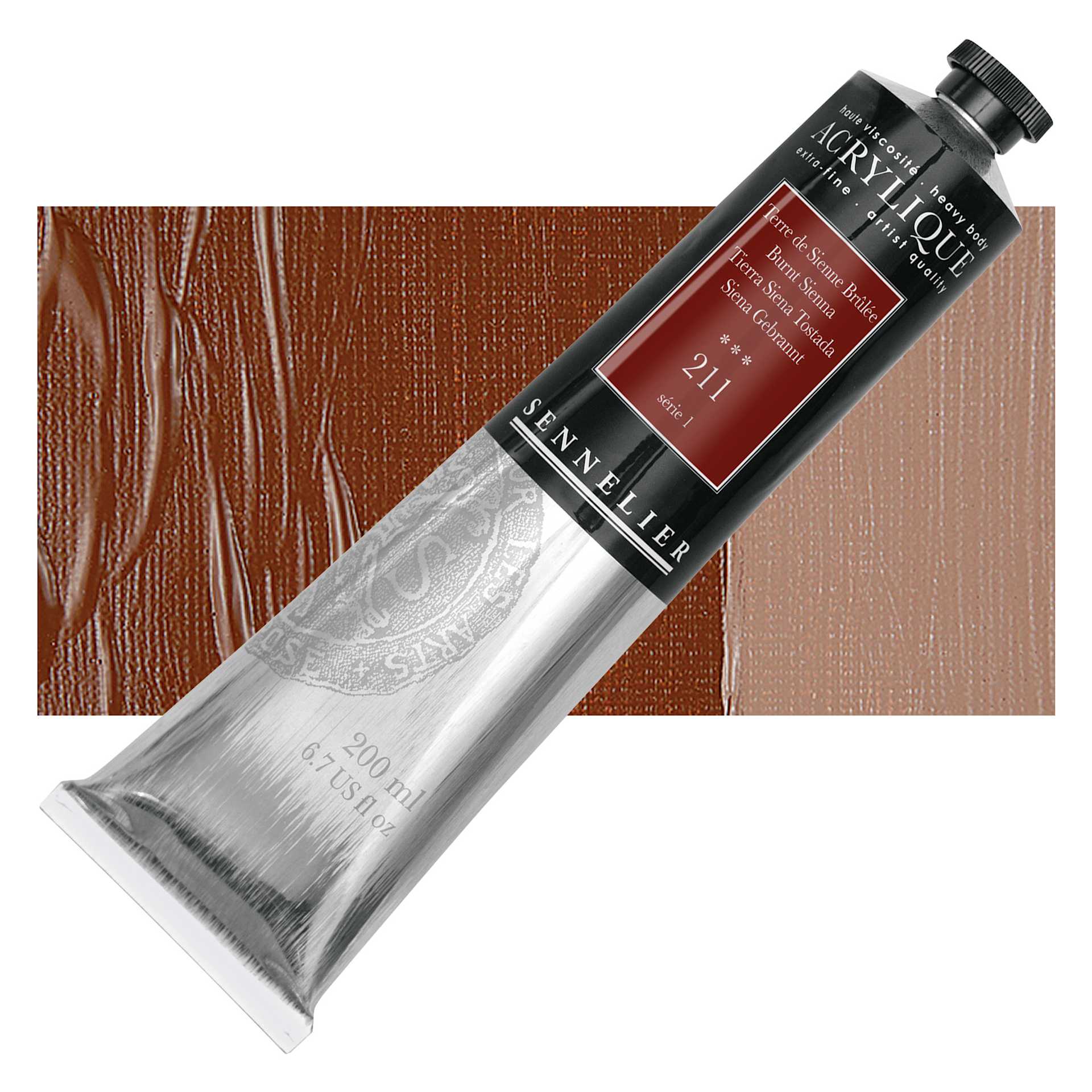 Sennelier Extra-Fine Artist Acrylique - Burnt Sienna, 200 ml tube and swatch