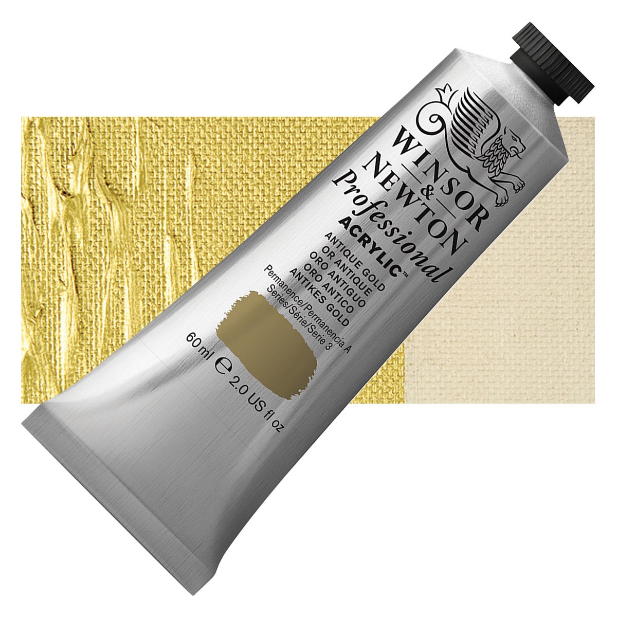 Winsor & Newton Professional Acrylic Paint - Antique Gold, 60 ml tube and swatch