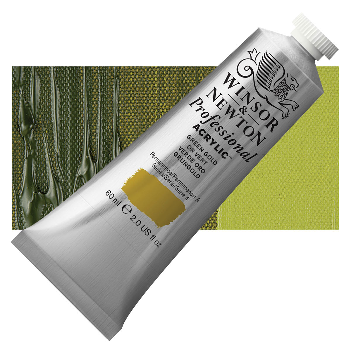 Winsor & Newton Professional Acrylic Paint - Green Gold, 60 ml tube and swatch