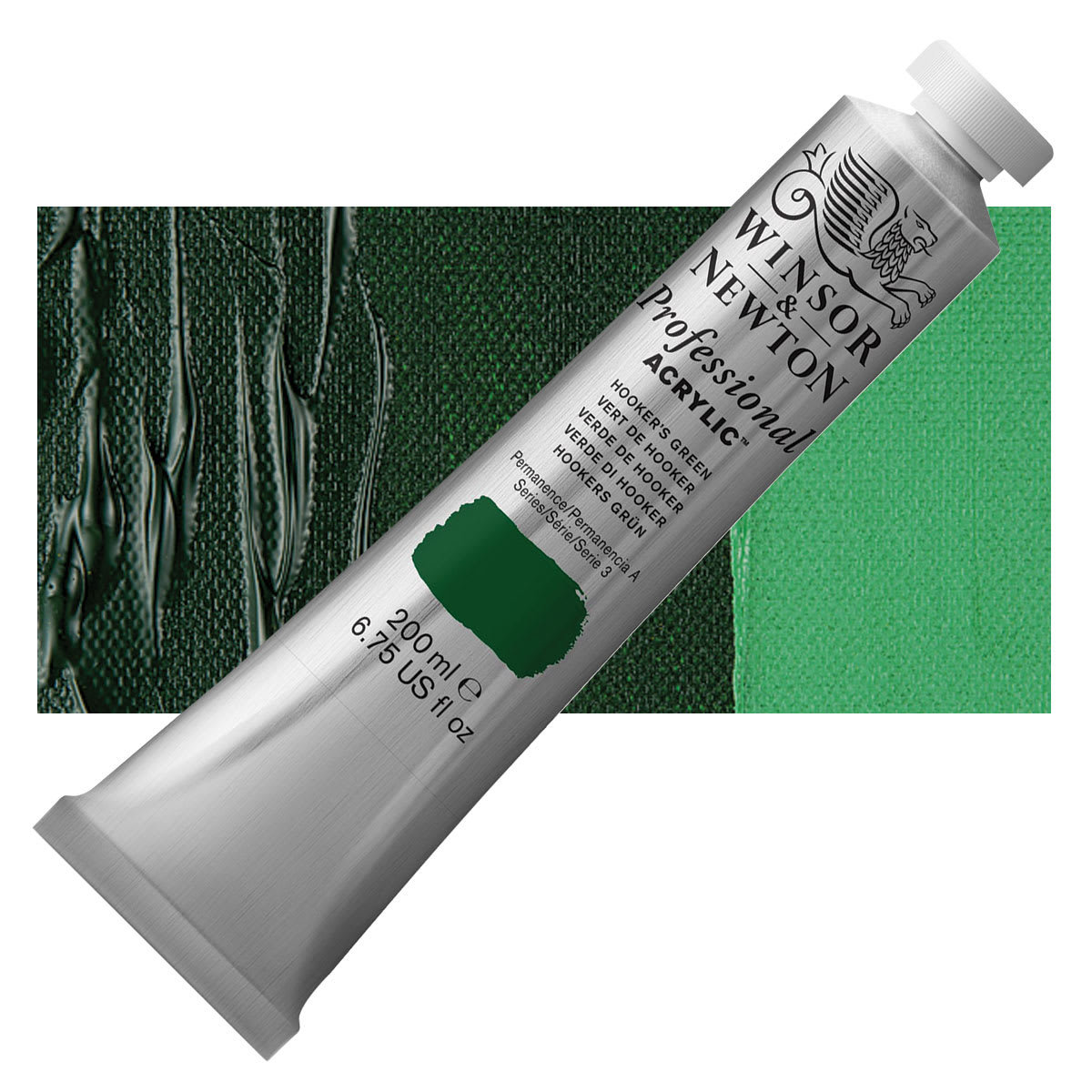 Winsor & Newton Professional Acrylic Paint - Hooker's Green, 200 ml tube and swatch