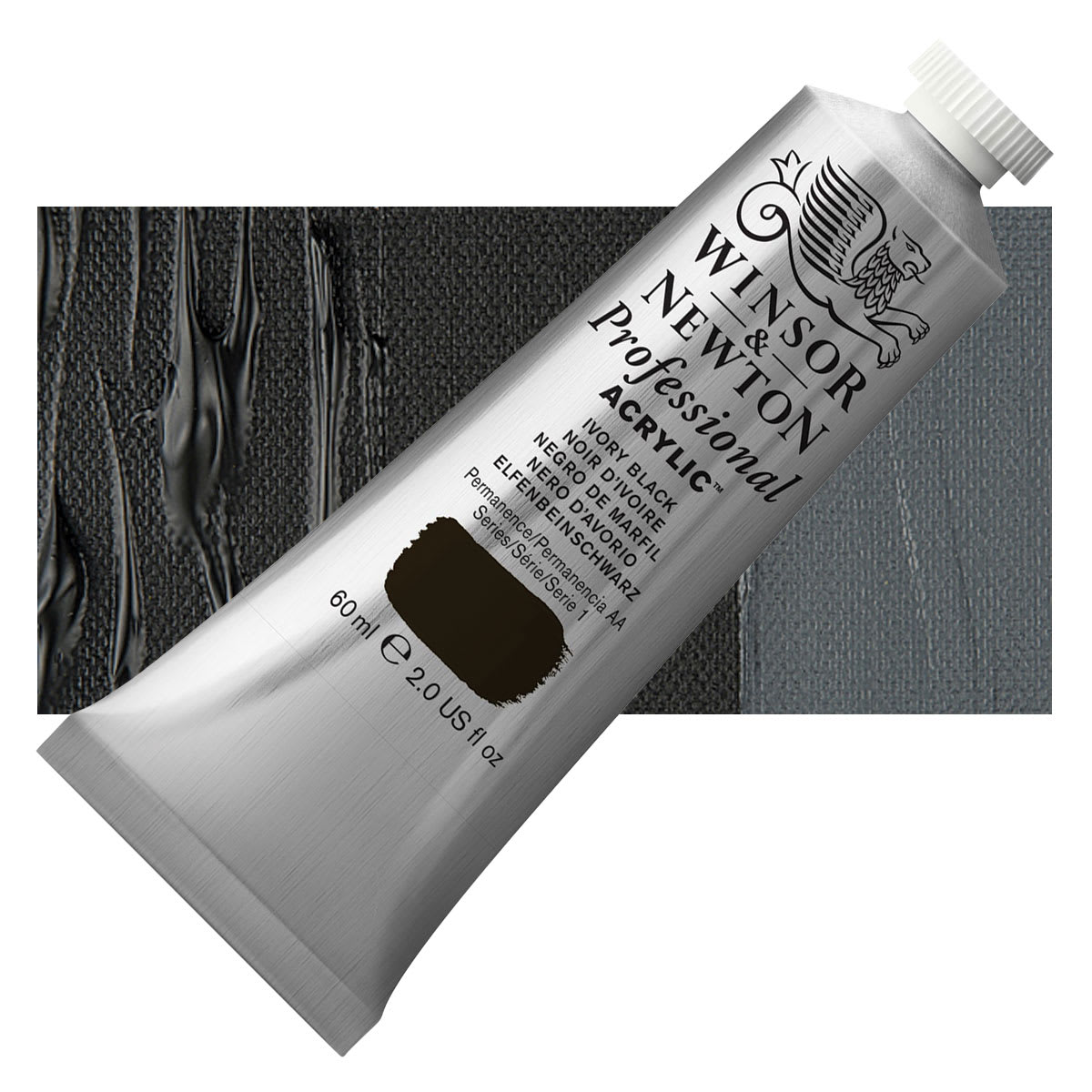 Winsor & Newton Professional Acrylic Paint - Ivory Black, 60 ml tube and swatch