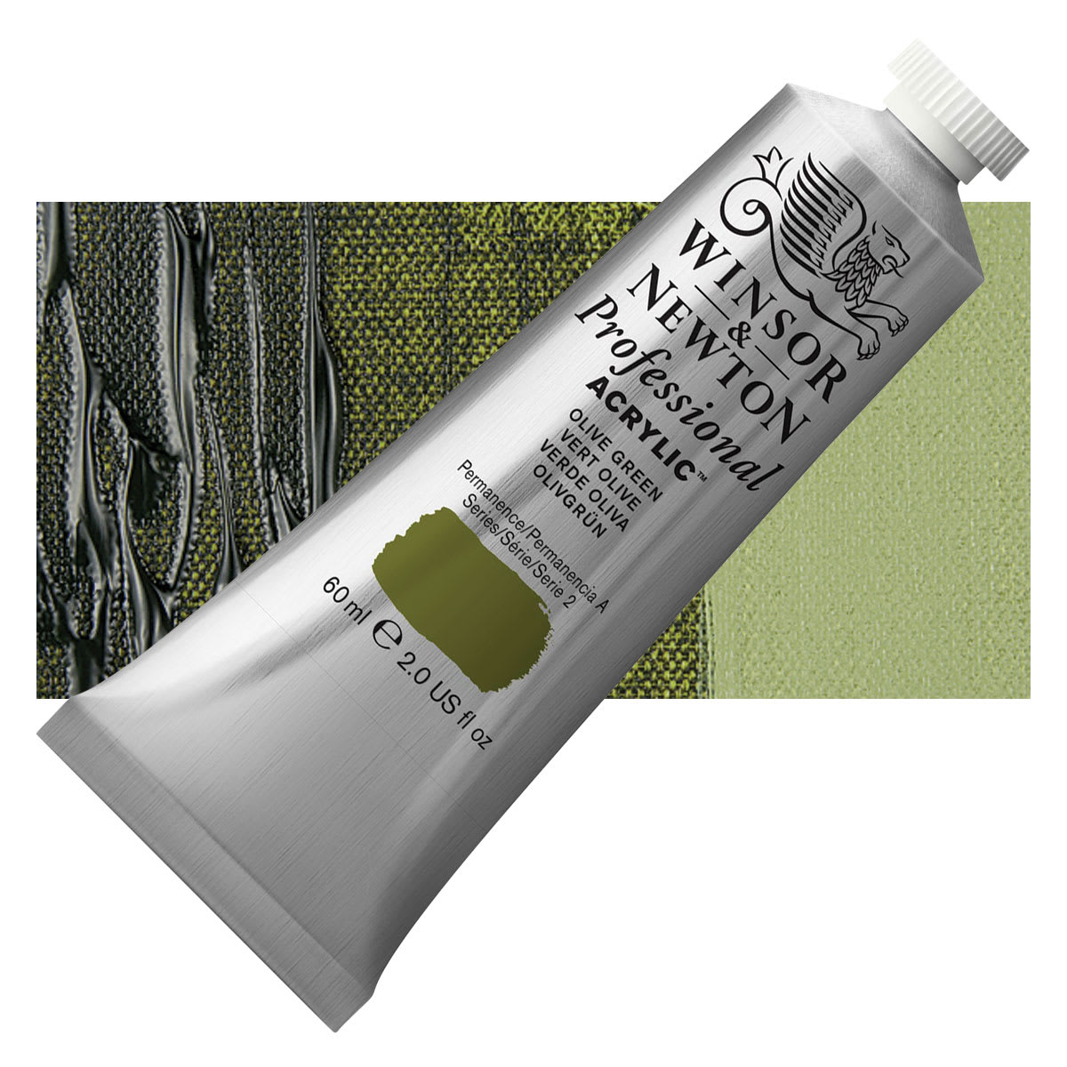 Winsor & Newton Professional Acrylic Paint - Olive Green, 60 ml tube and swatch