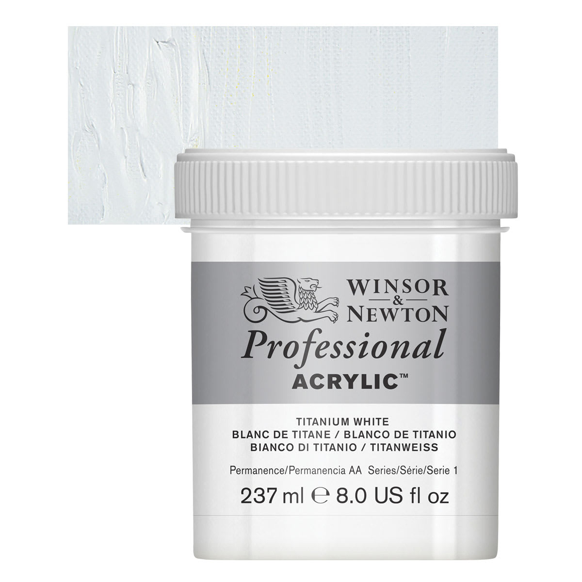 Winsor & Newton Professional Acrylic Paint - Titanium White, 237 ml Jar and swatch