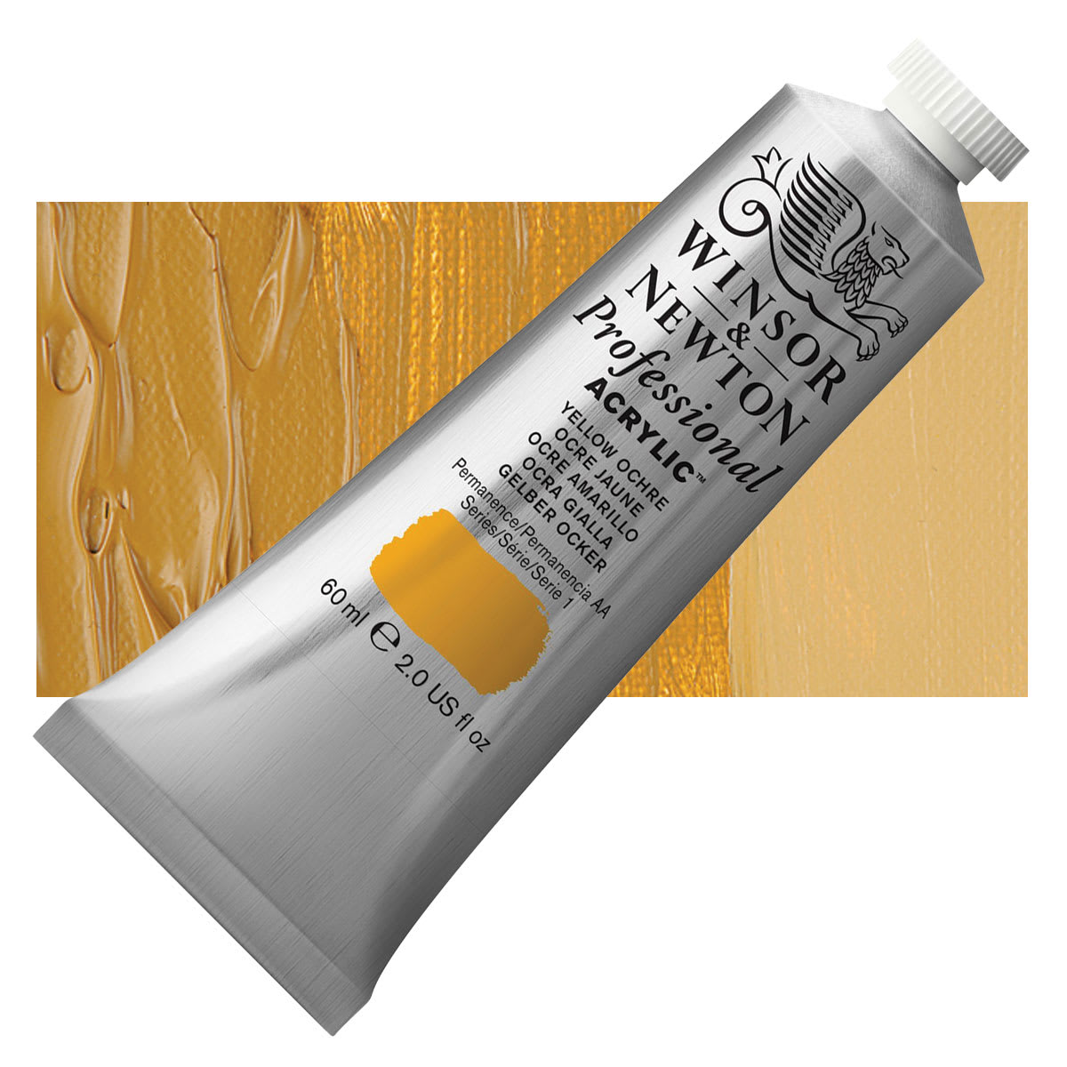 Winsor & Newton Professional Acrylic Paint - Yellow Ochre, 60 ml tube and swatch