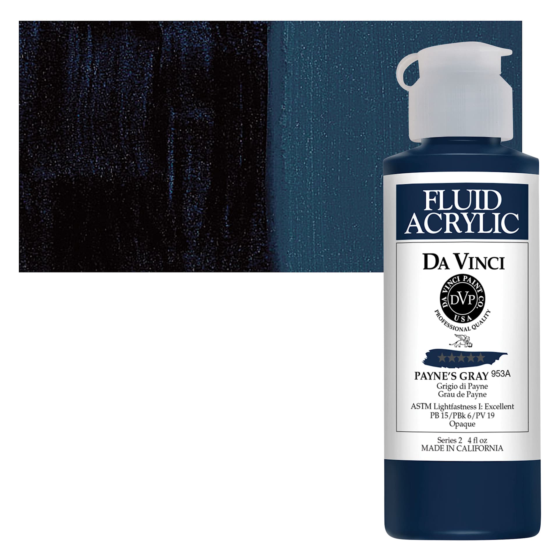 Da Vinci Fluid Acrylic Paint - Payne's Gray, 4 oz bottle and swatch