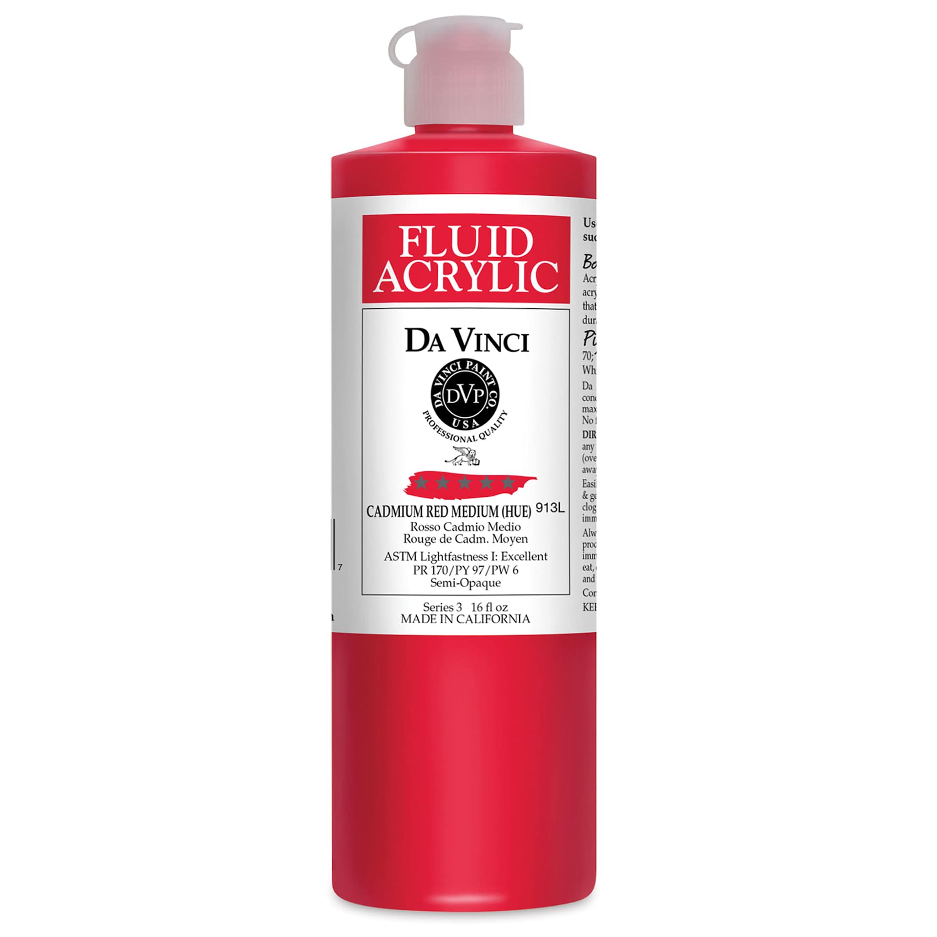 Da Vinci Fluid Acrylics - Cadmium Red Medium Hue, 16 oz bottle