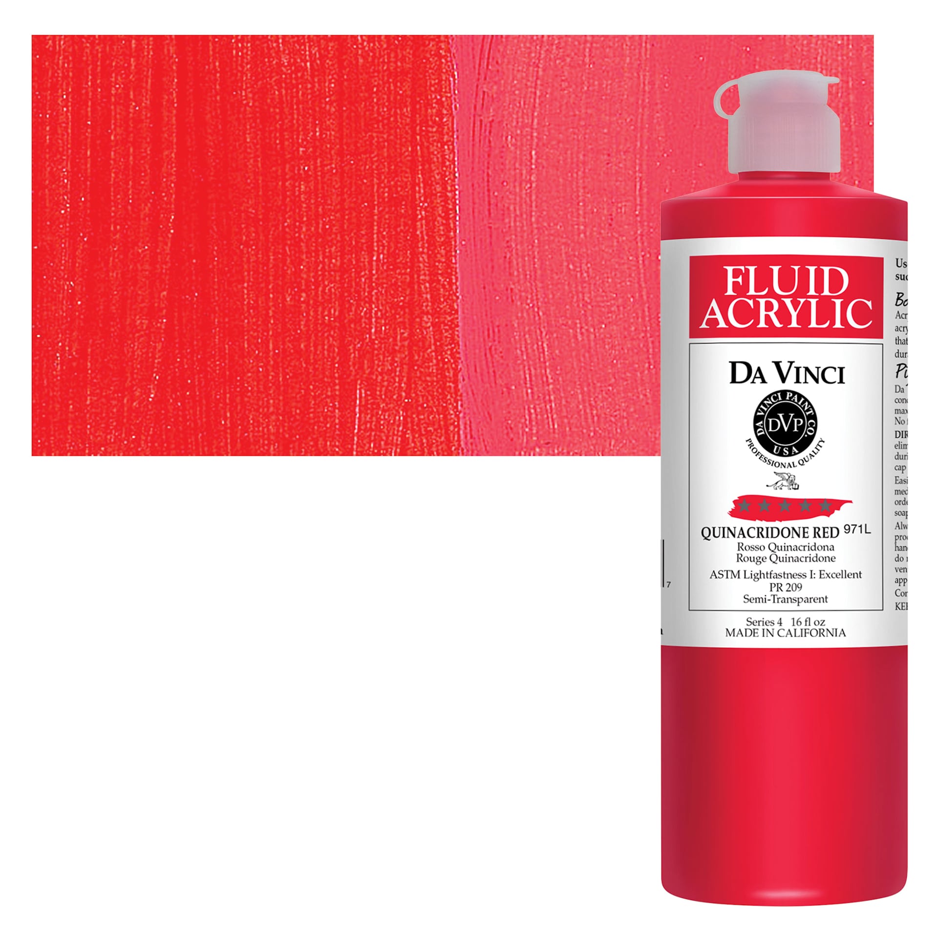 Da Vinci Fluid Acrylic Paint - Quinacridone Red, 16 oz bottle and swatch