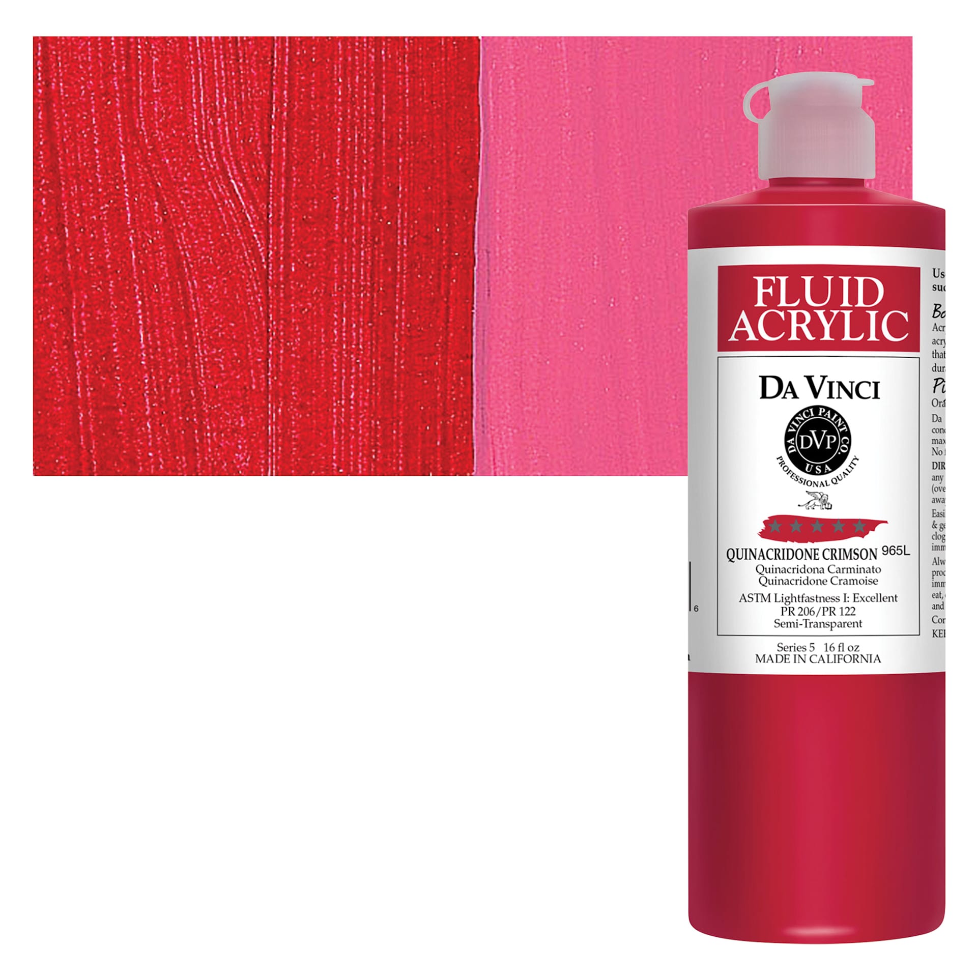 Da Vinci Fluid Acrylic Paint - Quinacridone Crimson, 16 oz bottle and swatch