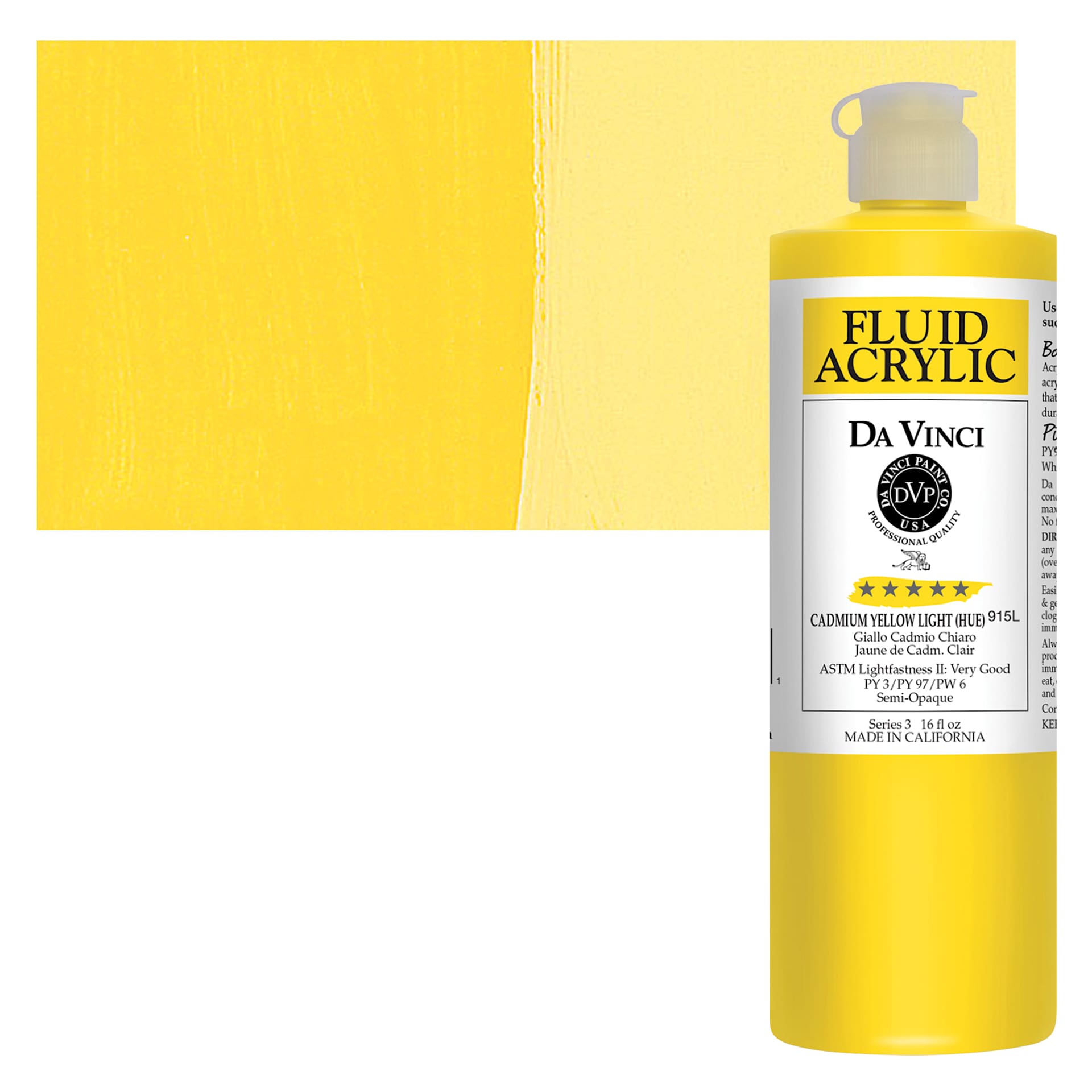 Da Vinci Fluid Acrylic Paint - Cadmium Yellow Light Hue, 16 oz bottle and swatch