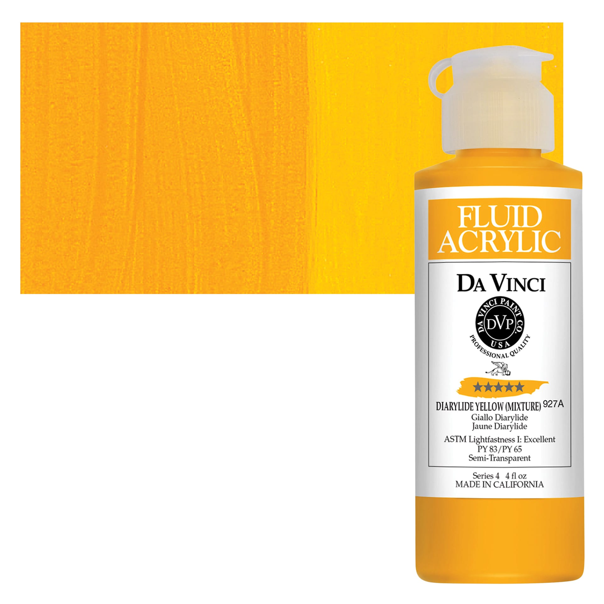 Da Vinci Fluid Acrylic Paint - Diarylide Yellow (Mixture), 4 oz bottle and swatch