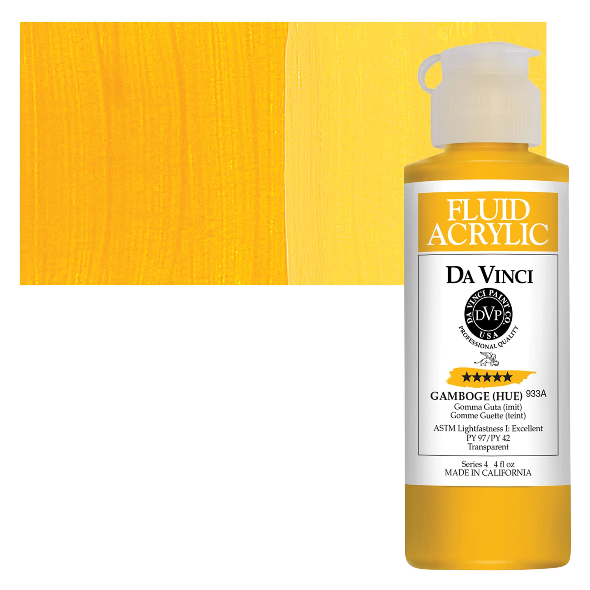 Da Vinci Fluid Acrylic Paint - Gamboge Hue, 4 oz bottle and swatch