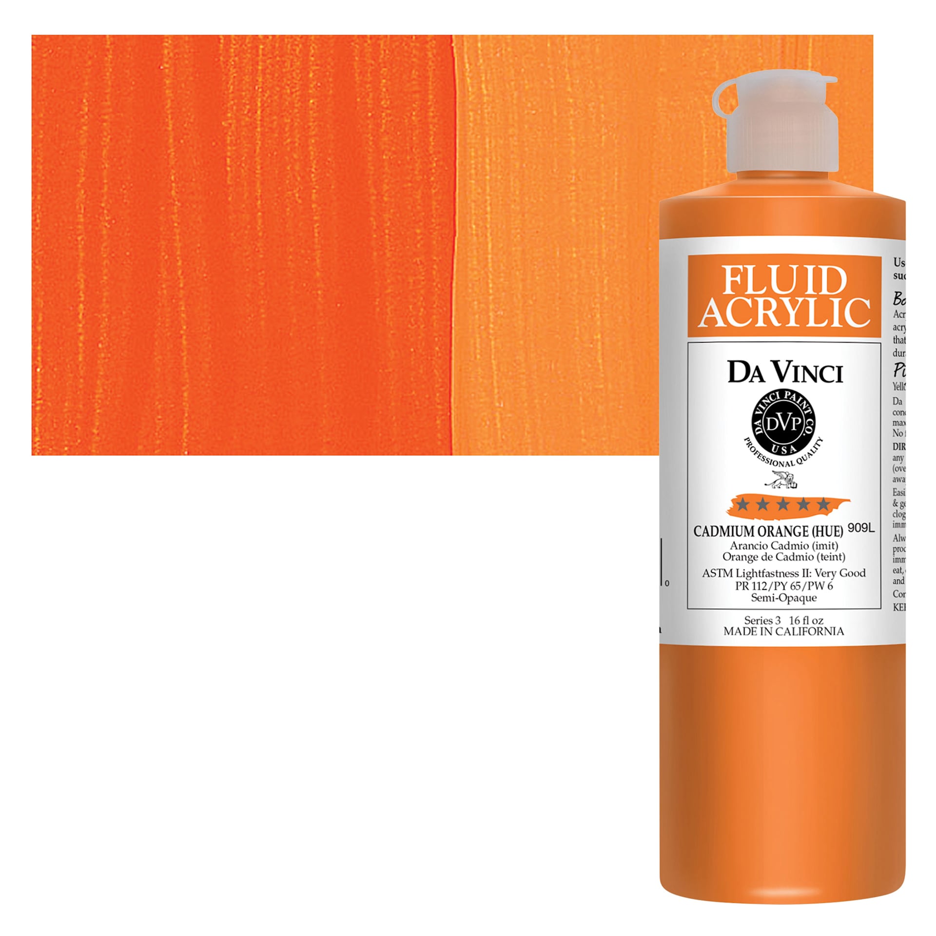 Da Vinci Fluid Acrylic Paint - Cadmium Orange Hue, 16 oz bottle and swatch