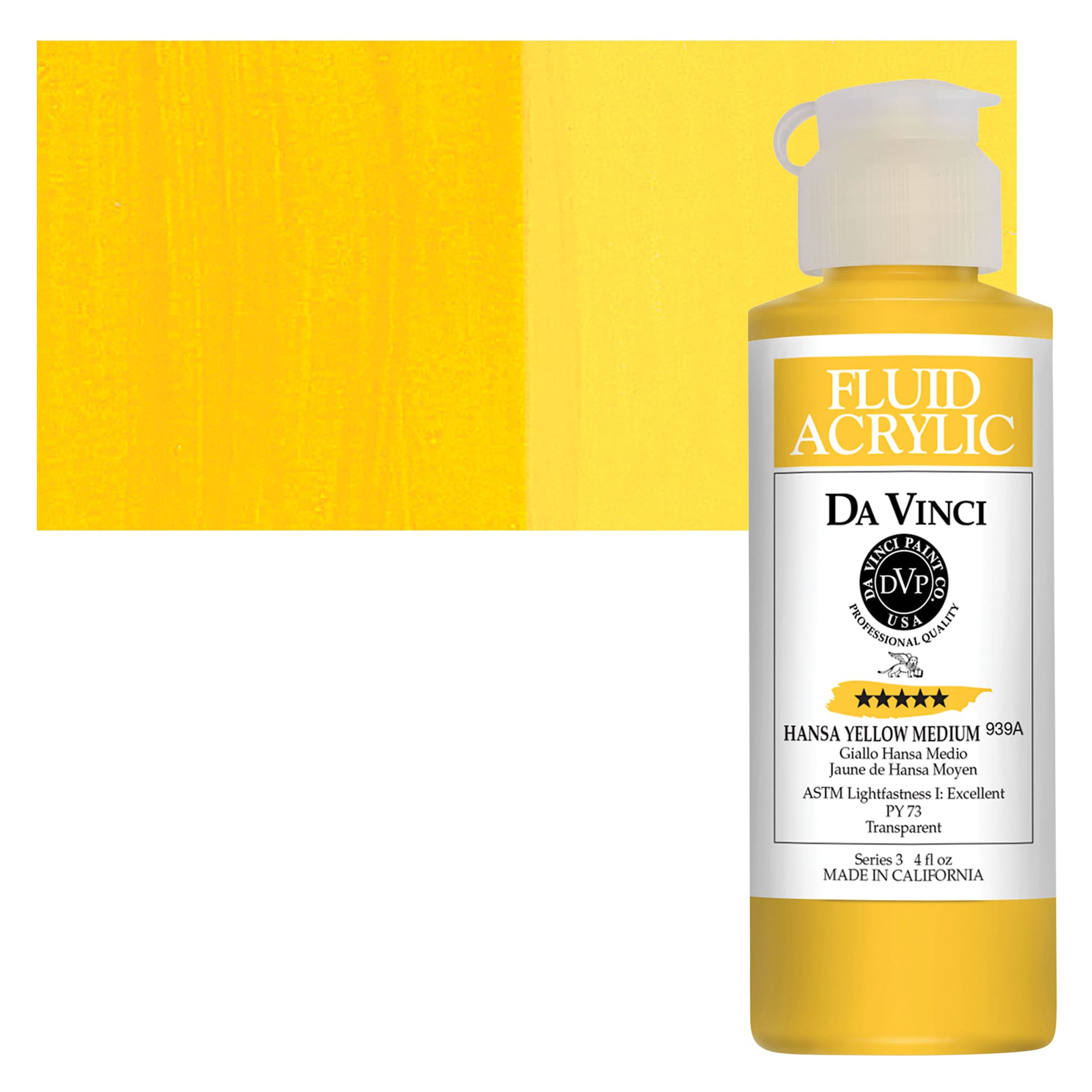 Da Vinci Fluid Acrylic Paint - Hansa Yellow Medium, 4 oz bottle and swatch