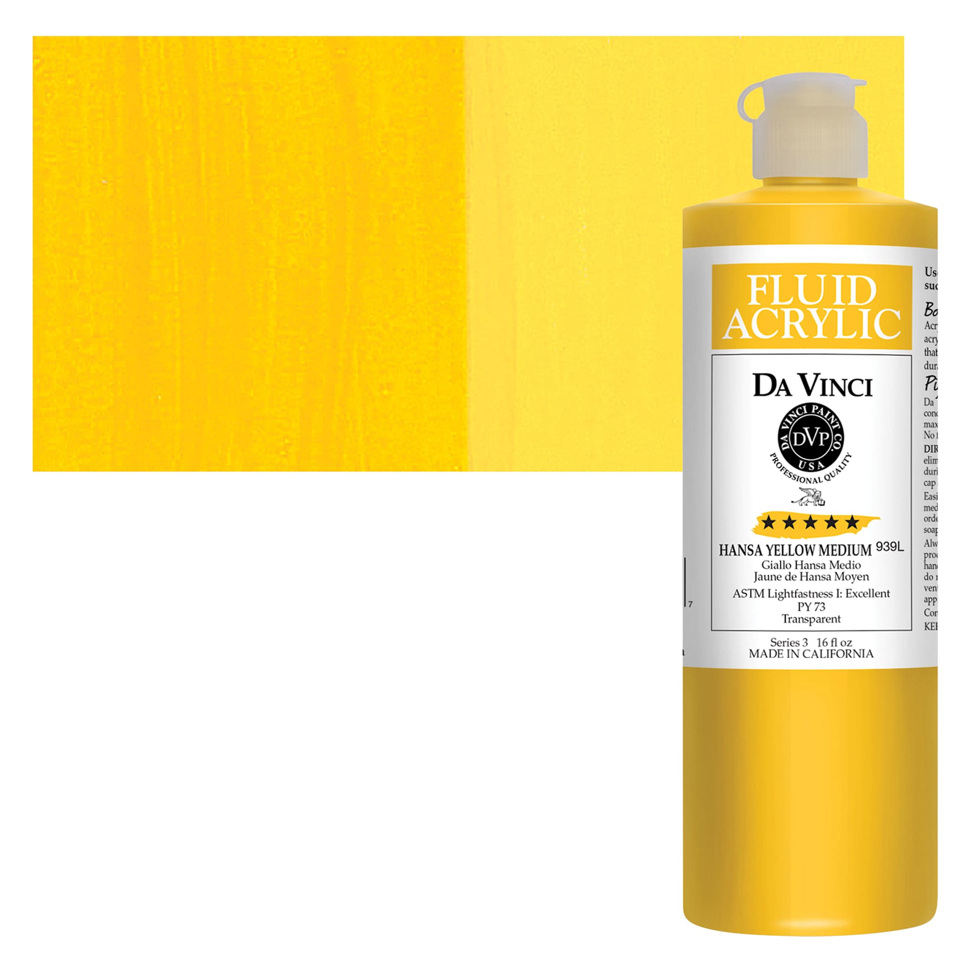Da Vinci Fluid Acrylic Paint - Hansa Yellow Medium, 16 oz bottle and swatch