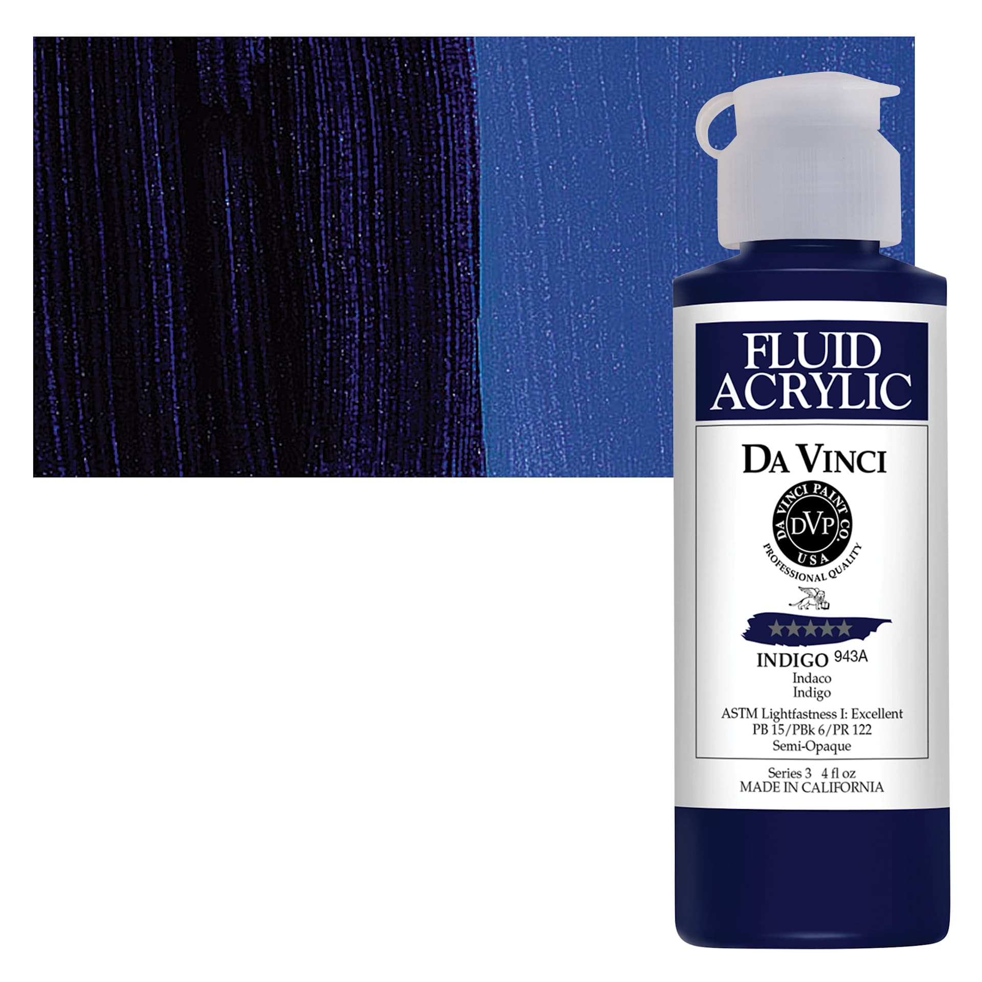Da Vinci Fluid Acrylic Paint - Indigo, 4 oz bottle and swatch