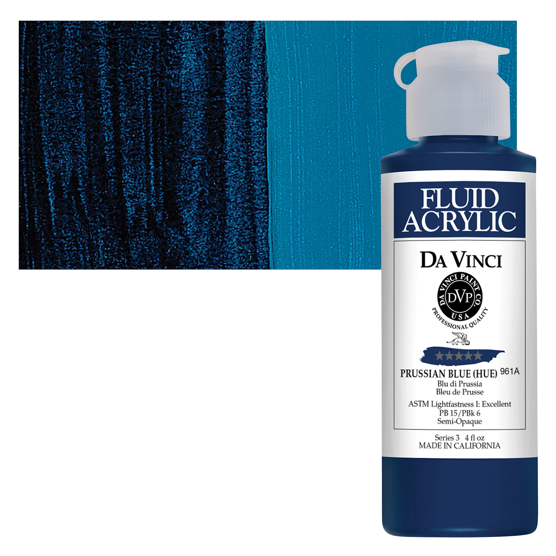 Da Vinci Fluid Acrylic Paint - Prussian Blue Hue, 4 oz bottle and swatch