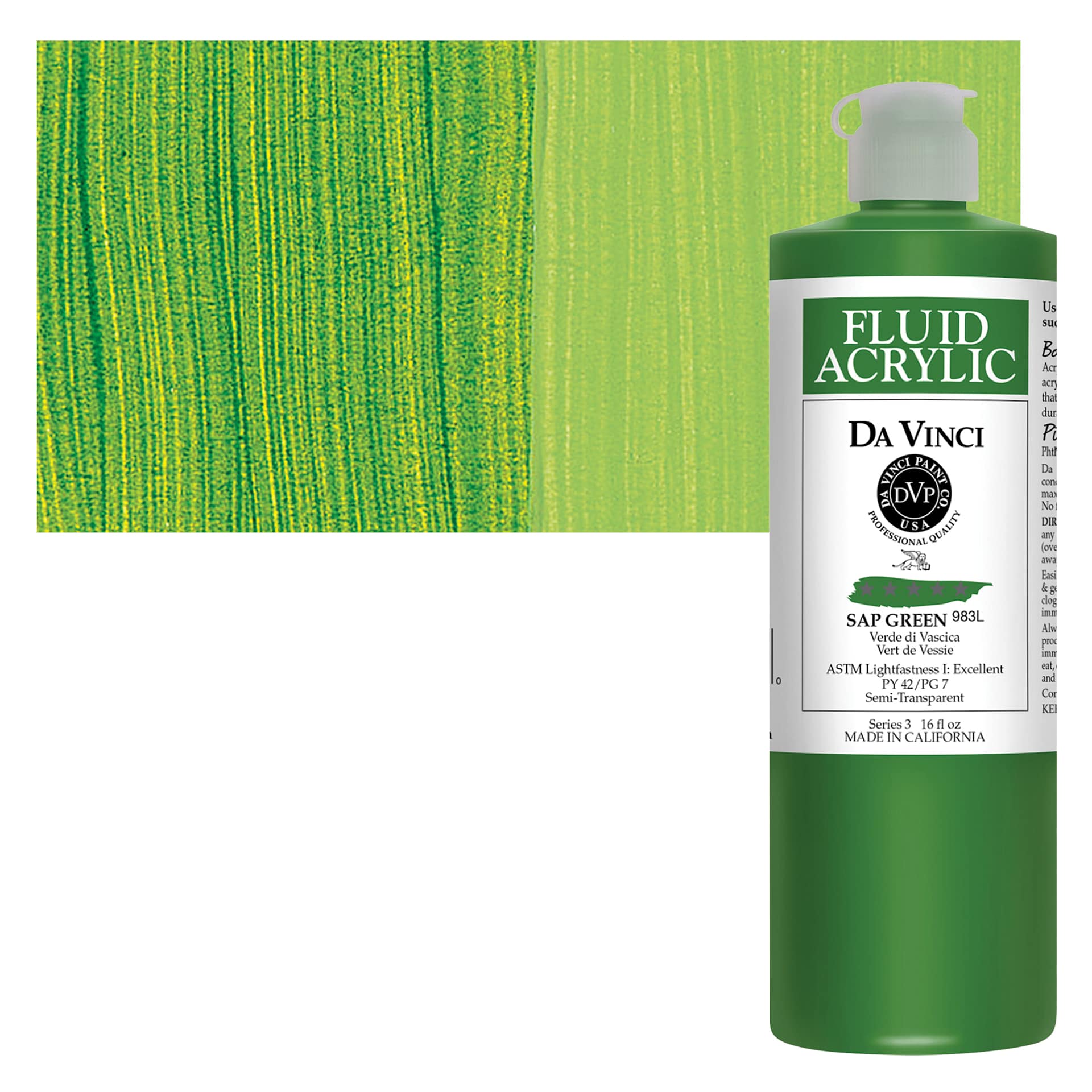 Da Vinci Fluid Acrylic Paint - Sap Green, 16 oz bottle and swatch